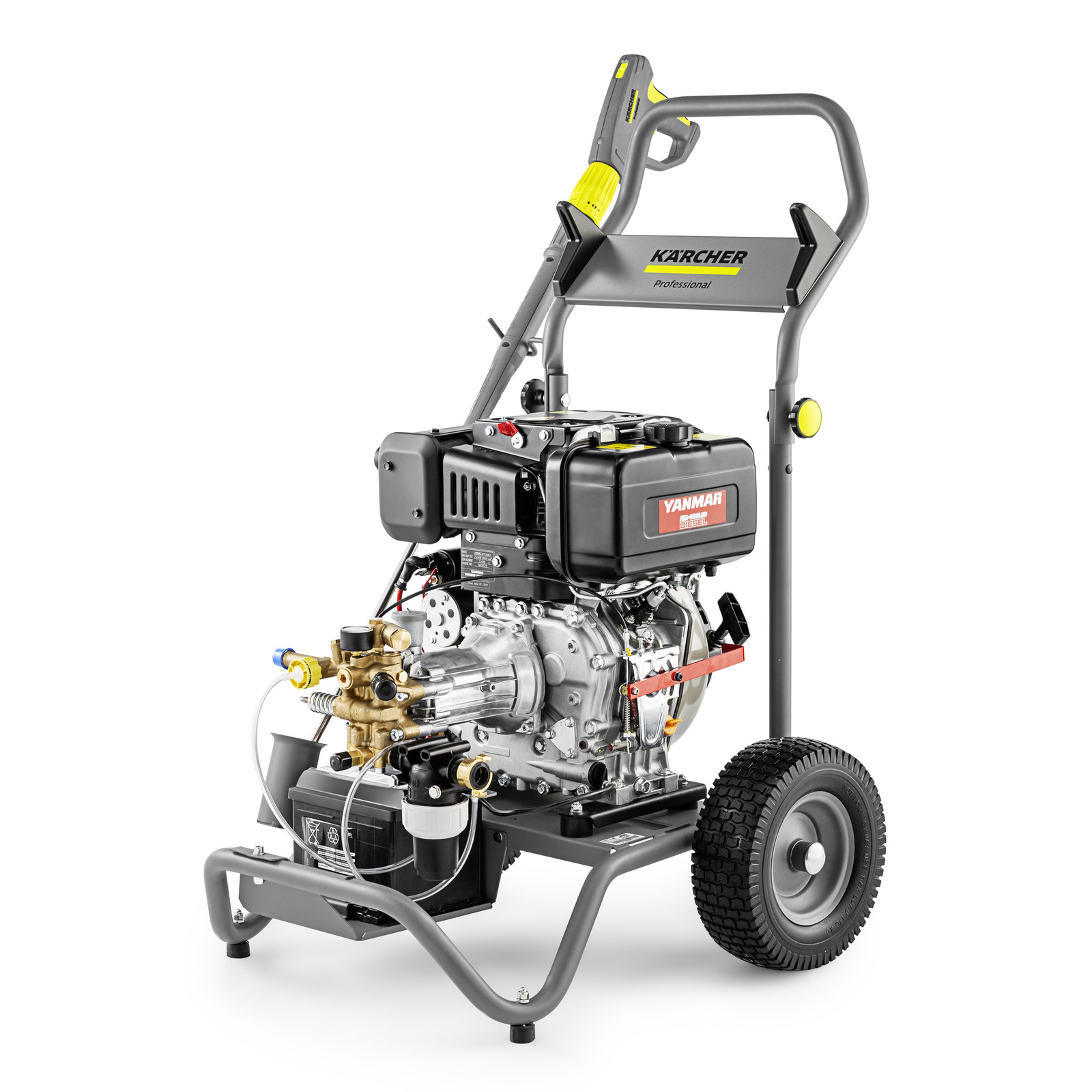 Kärcher high-pressure cleaner with Yanmar engine, mounted on a wheeled frame, featuring a handle and various components.