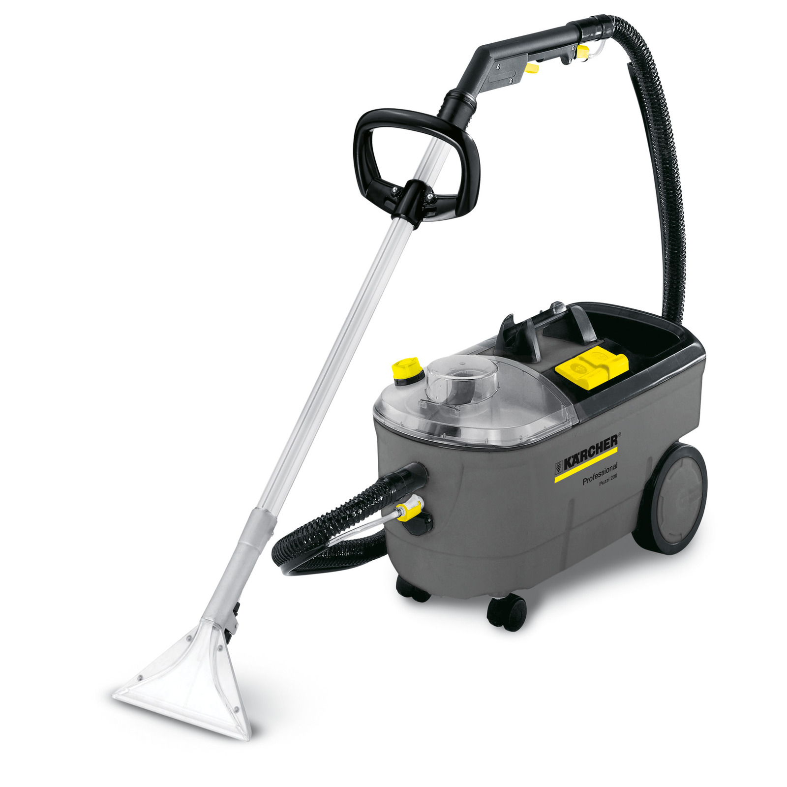 Kärcher carpet cleaner with a transparent lid, hose, and wand attachment, on wheels, grey and yellow design.