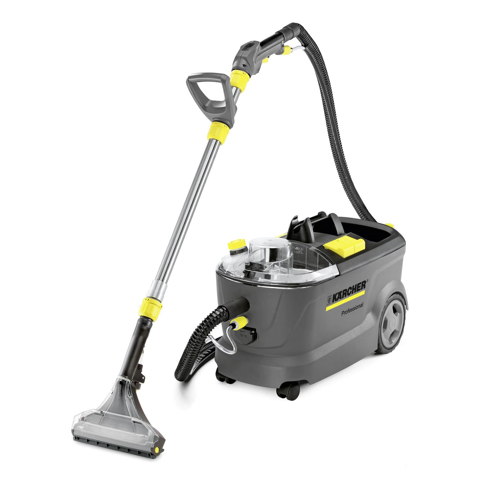 Kärcher carpet cleaner with transparent lid, grey body, yellow accents, and attached hose and wand.