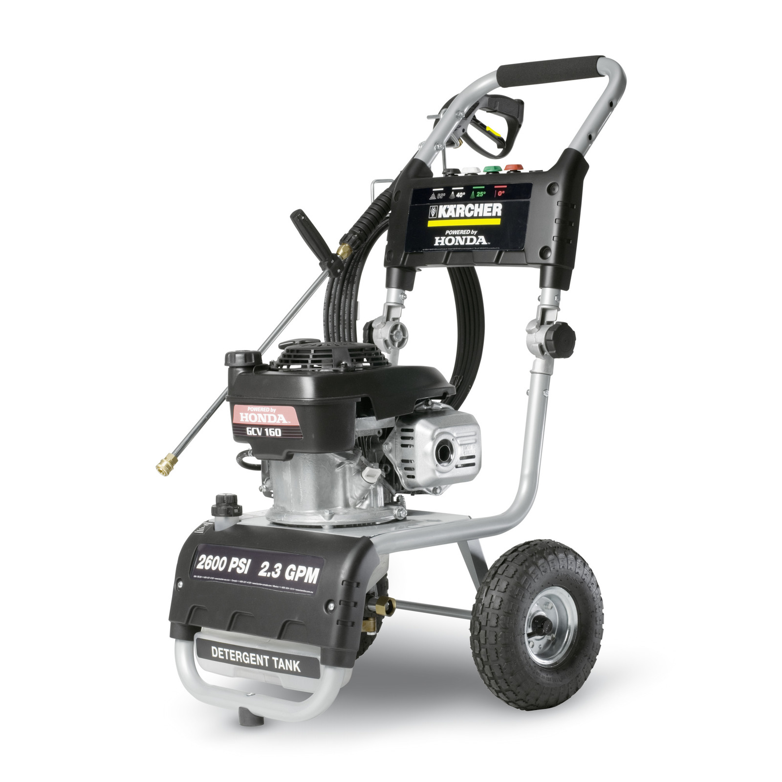 Kärcher high-pressure cleaner with Honda engine, featuring a 2600 PSI, 2.3 GPM rating, and detergent tank on wheels.