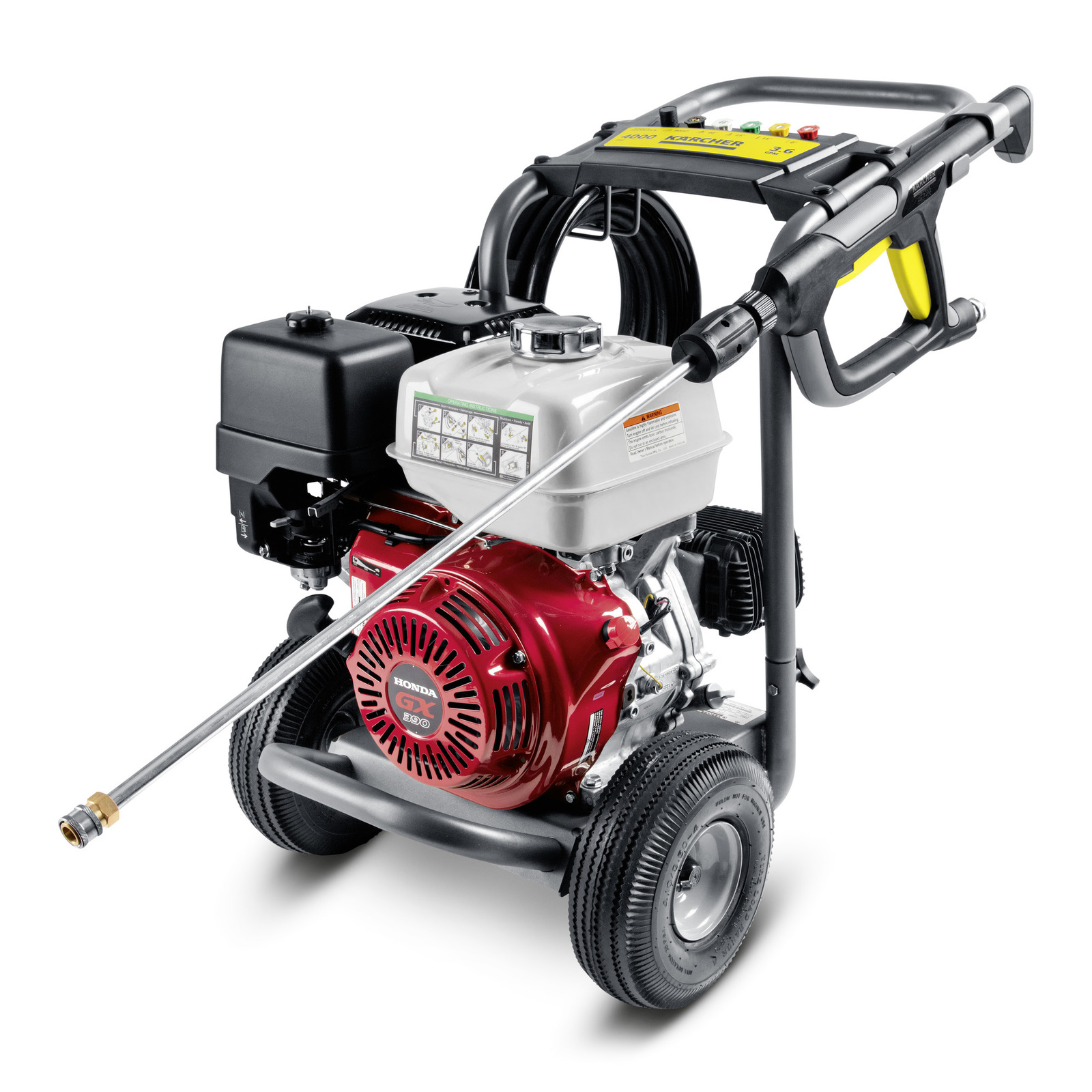 Kärcher high-pressure cleaner with Honda engine, red and black components, mounted on wheels, with spray wand attached.