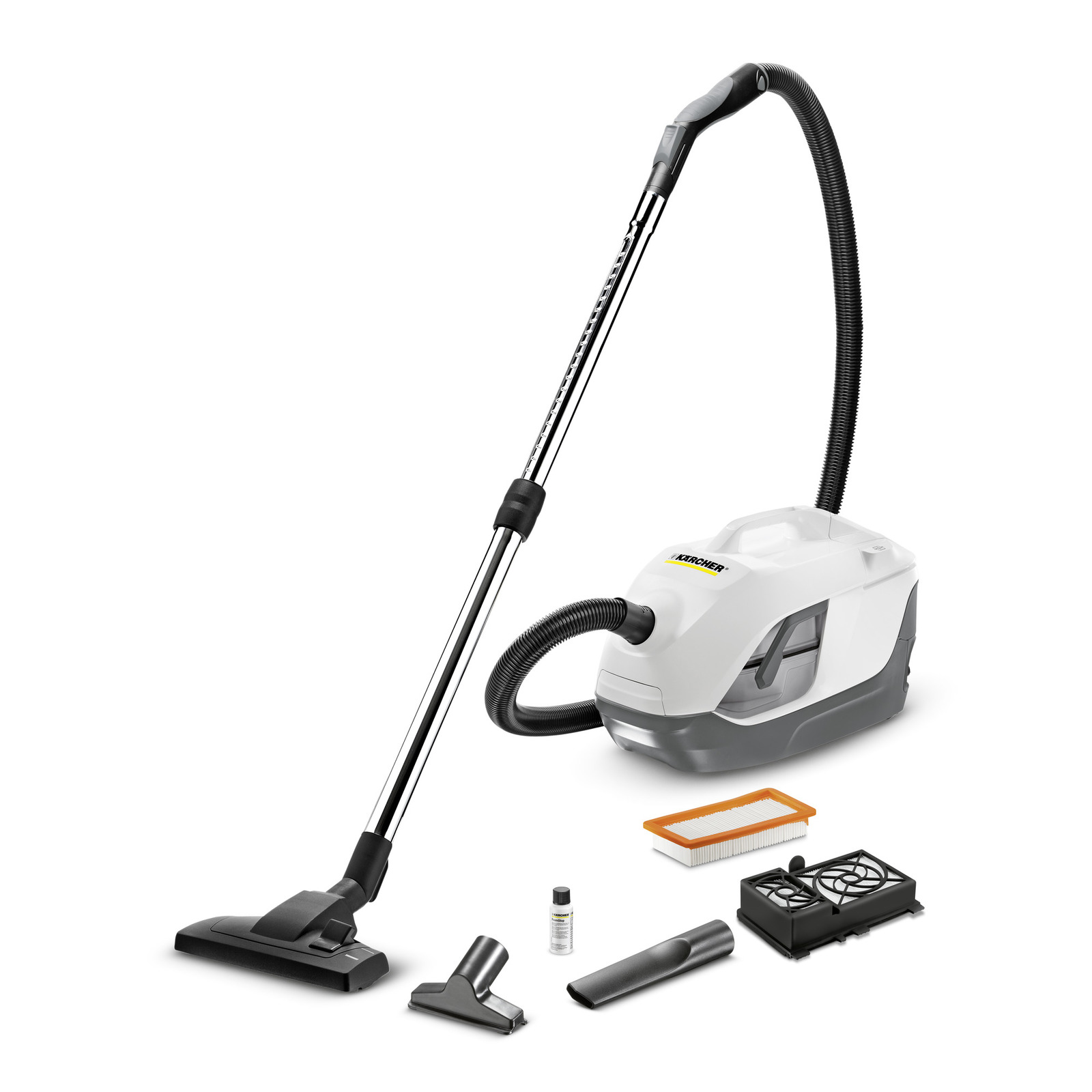 Kärcher vacuum cleaner with hose, nozzle, and various attachments including filters and cleaning solution bottle. Kärcher vacuum cleaner with hose, nozzle, and various attachments including filters and cleaning solution bottle.