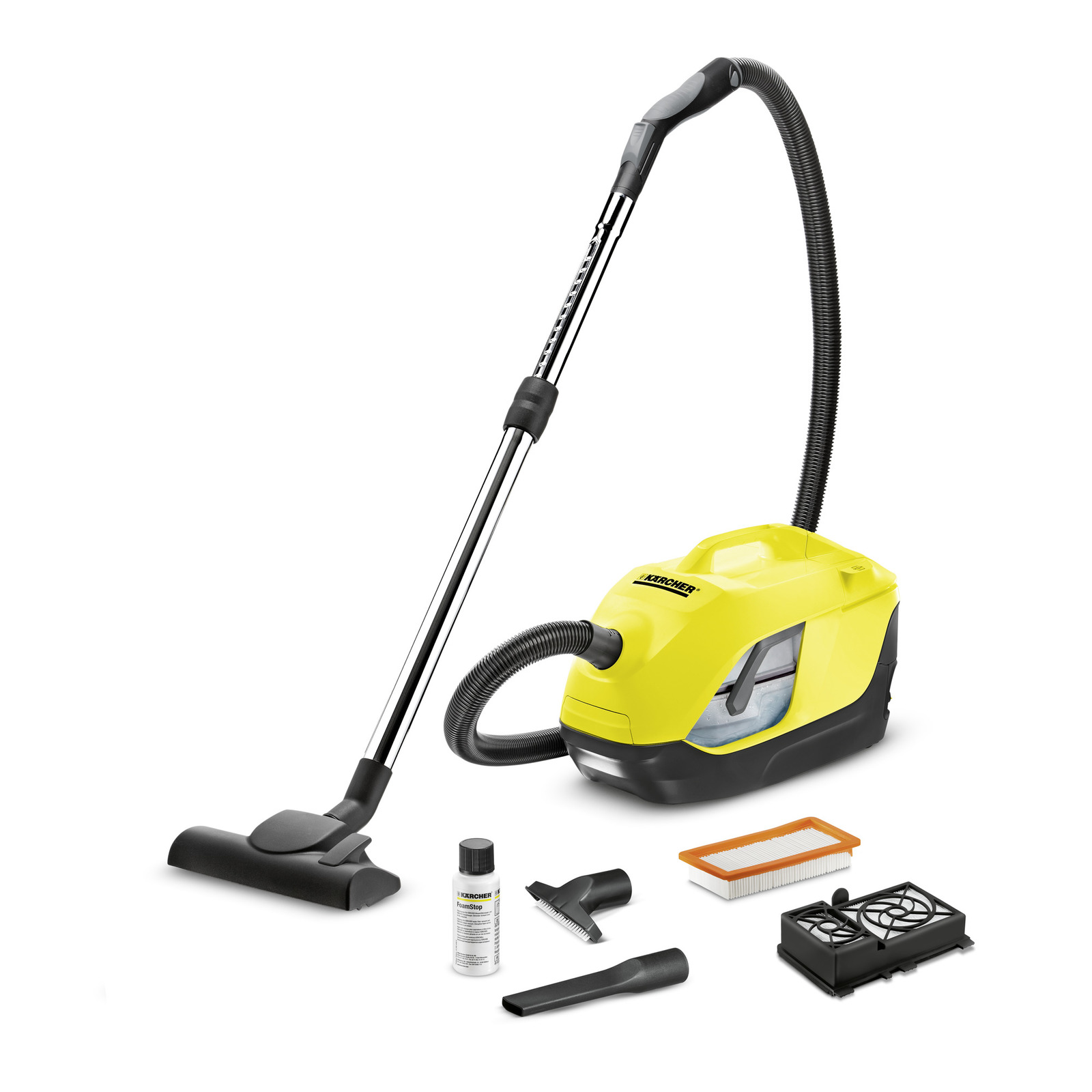 Yellow Kärcher vacuum cleaner with hose, nozzle, and accessories including a filter, brush, and cleaning solution bottle. Yellow Kärcher vacuum cleaner with hose, nozzle, and accessories including a filter, brush, and cleaning solution bottle.