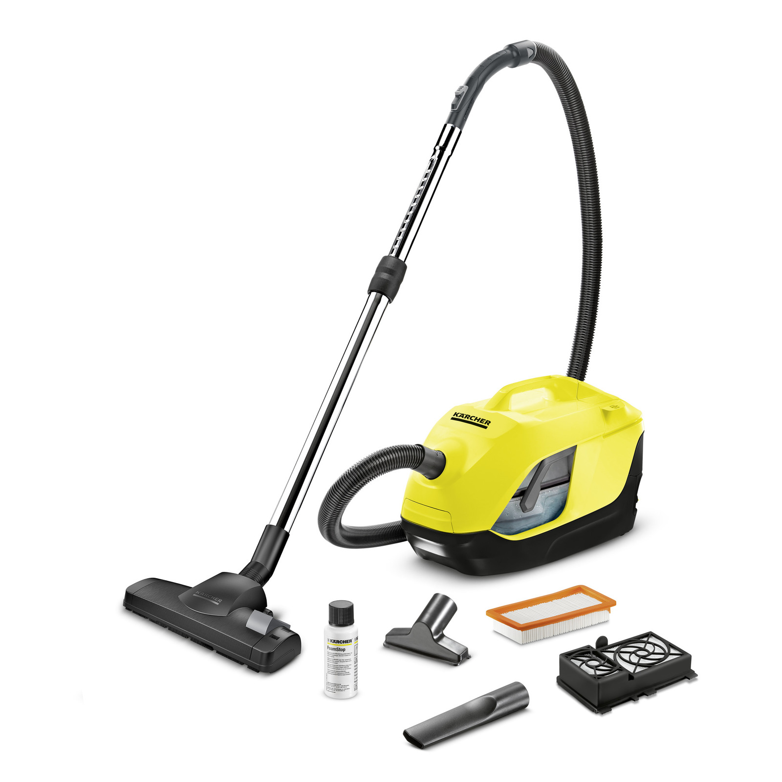 Kärcher vacuum cleaner with attachments, including a nozzle, filter, cleaning solution, and brush, set against a white background. Kärcher vacuum cleaner with attachments, including a nozzle, filter, cleaning solution, and brush, set against a white background.