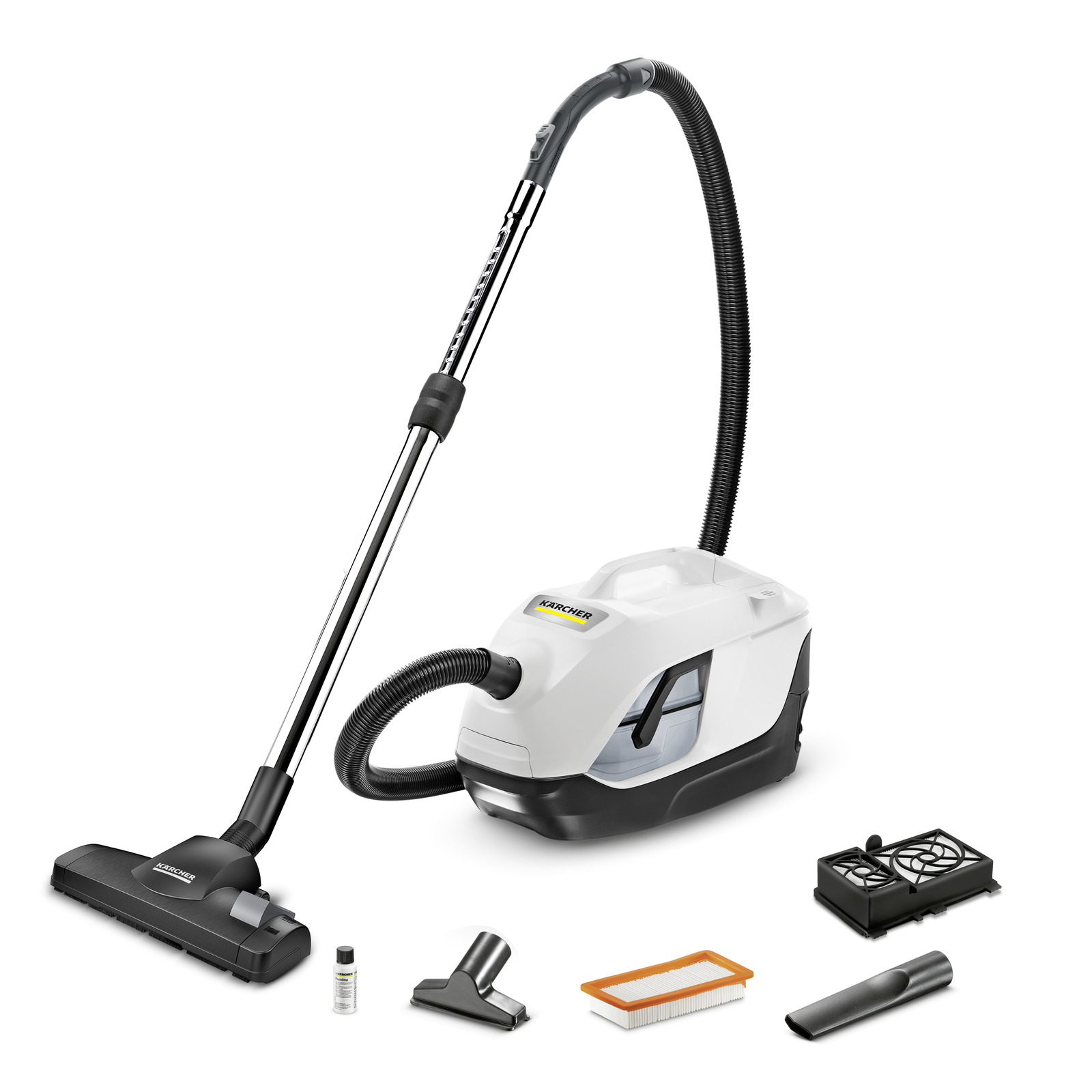 Aspirator Kärcher cu accesorii incluse: duză pentru podea, filtru, soluție de curățare, duză pentru colțuri și suport pentru accesorii.