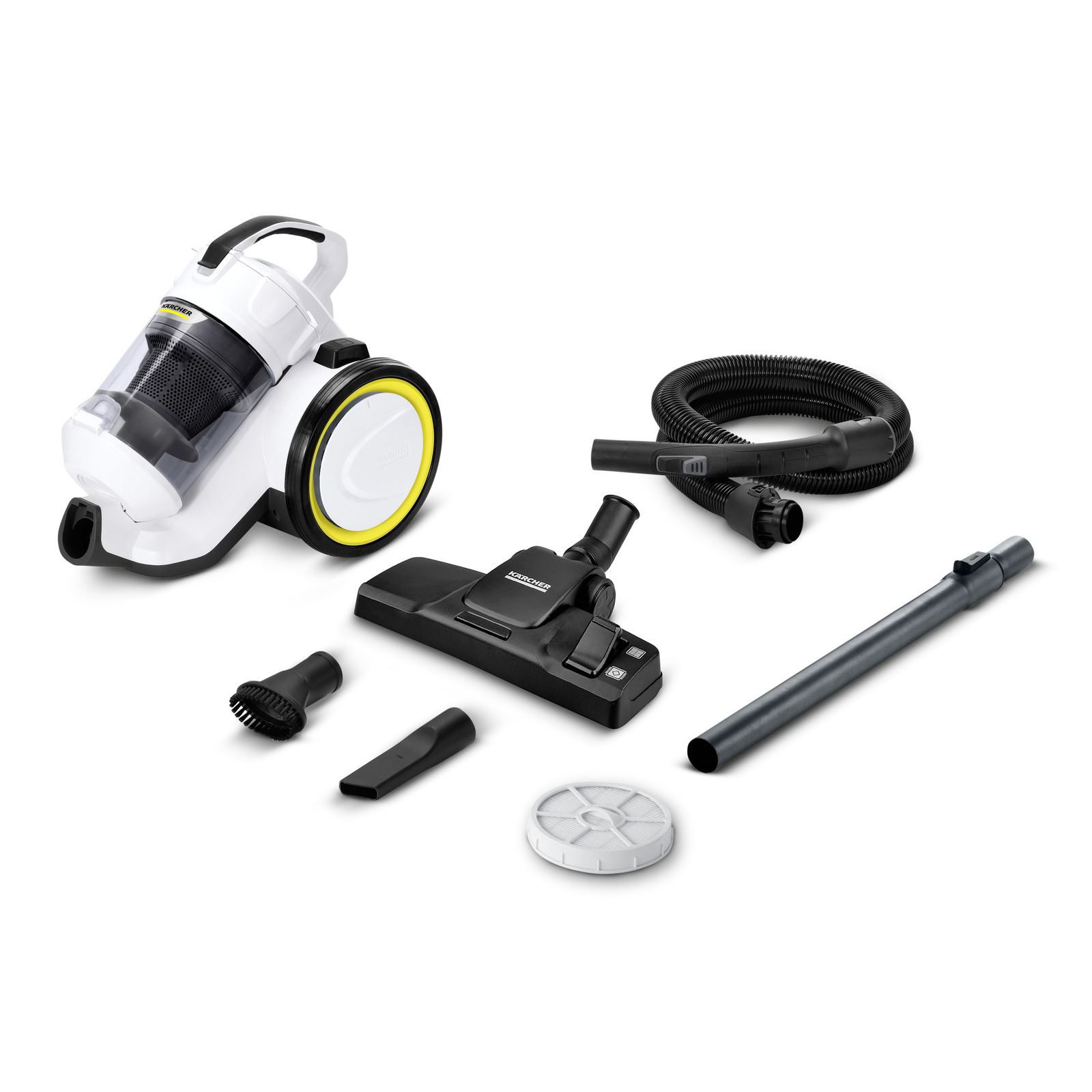 Aspirator Kärcher cu accesorii: furtun, perie, duze și filtru, pe fundal alb. Aspirator Kärcher cu accesorii: furtun, perie, duze și filtru, pe fundal alb.