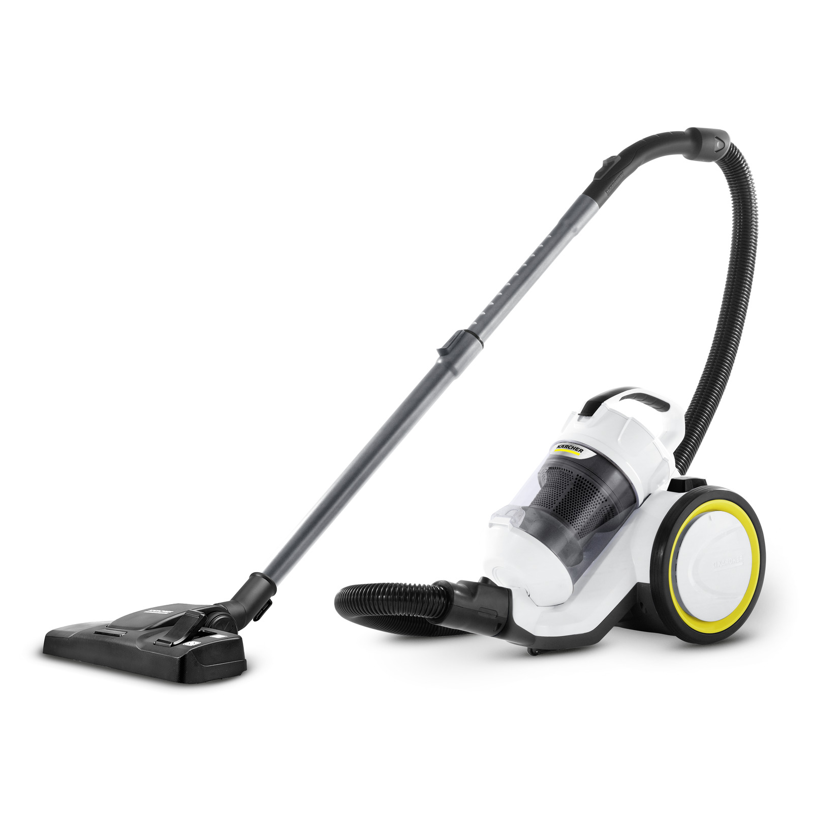Kärcher vacuum cleaner with a white body, transparent dust container, and black hose on a white background.