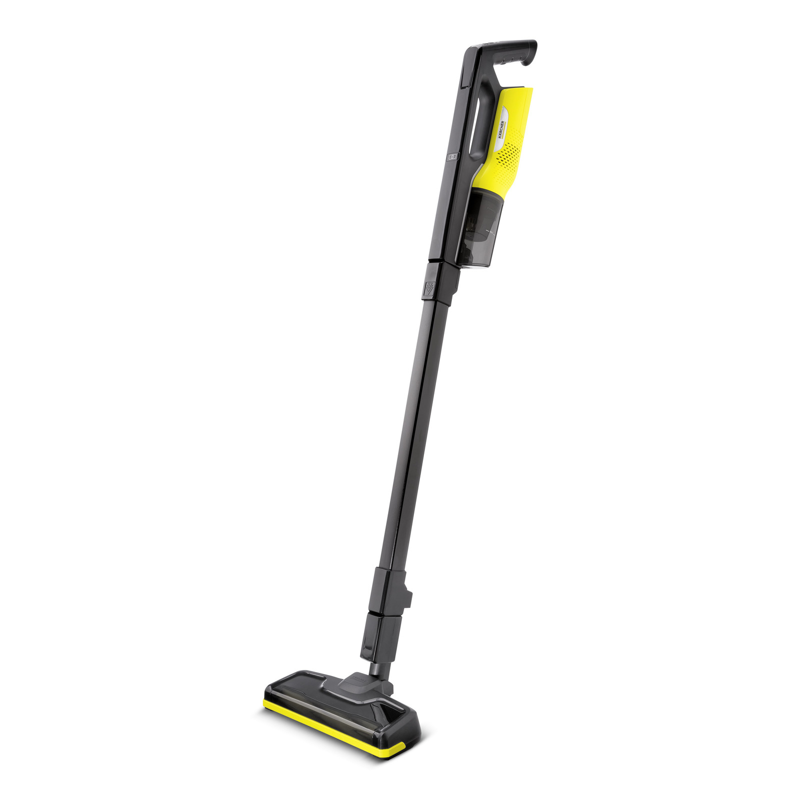 Kärcher cordless vacuum cleaner with a yellow and black design, featuring a slim handle and wide floor nozzle. Kärcher cordless vacuum cleaner with a yellow and black design, featuring a slim handle and wide floor nozzle.