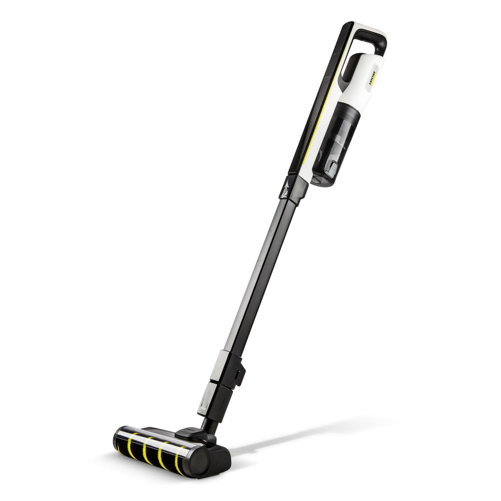 Kärcher cordless vacuum cleaner with sleek design, featuring a long handle and cylindrical brush head.