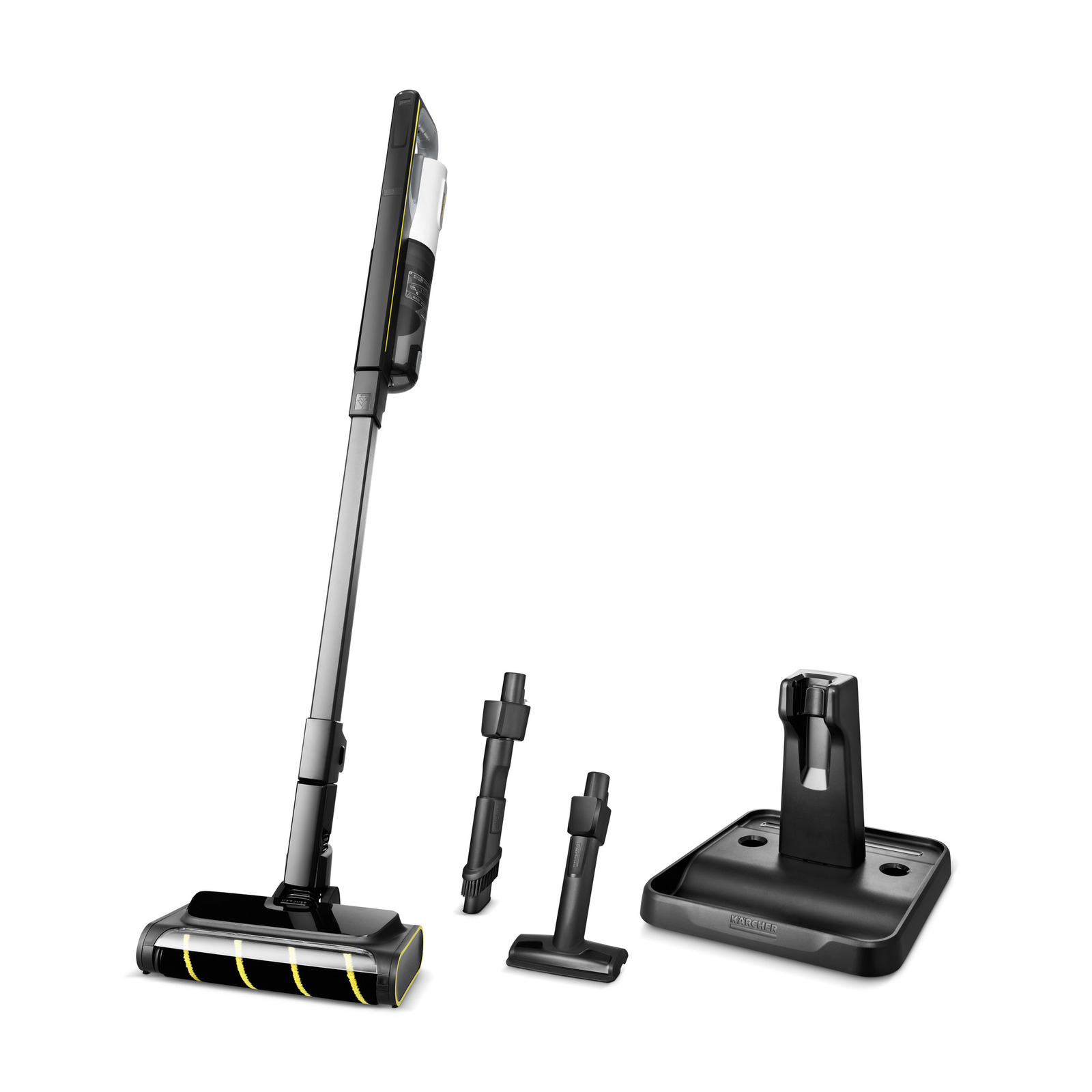 Kärcher cordless vacuum cleaner with two attachments and a charging dock on a white background.