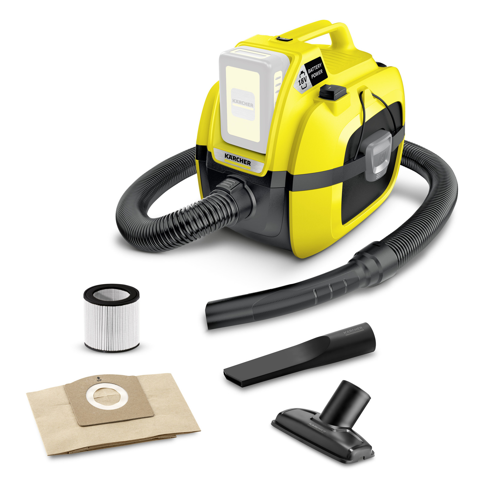 Aspirator Kärcher galben cu accesorii: filtru, sac de hârtie, duză îngustă și duză largă.