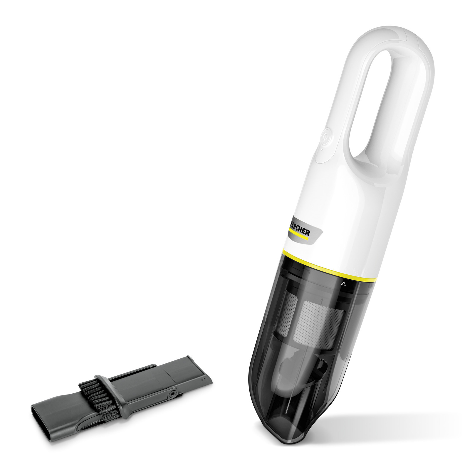 Aspirator portabil Kärcher alb cu recipient transparent și accesoriu negru cu perie.