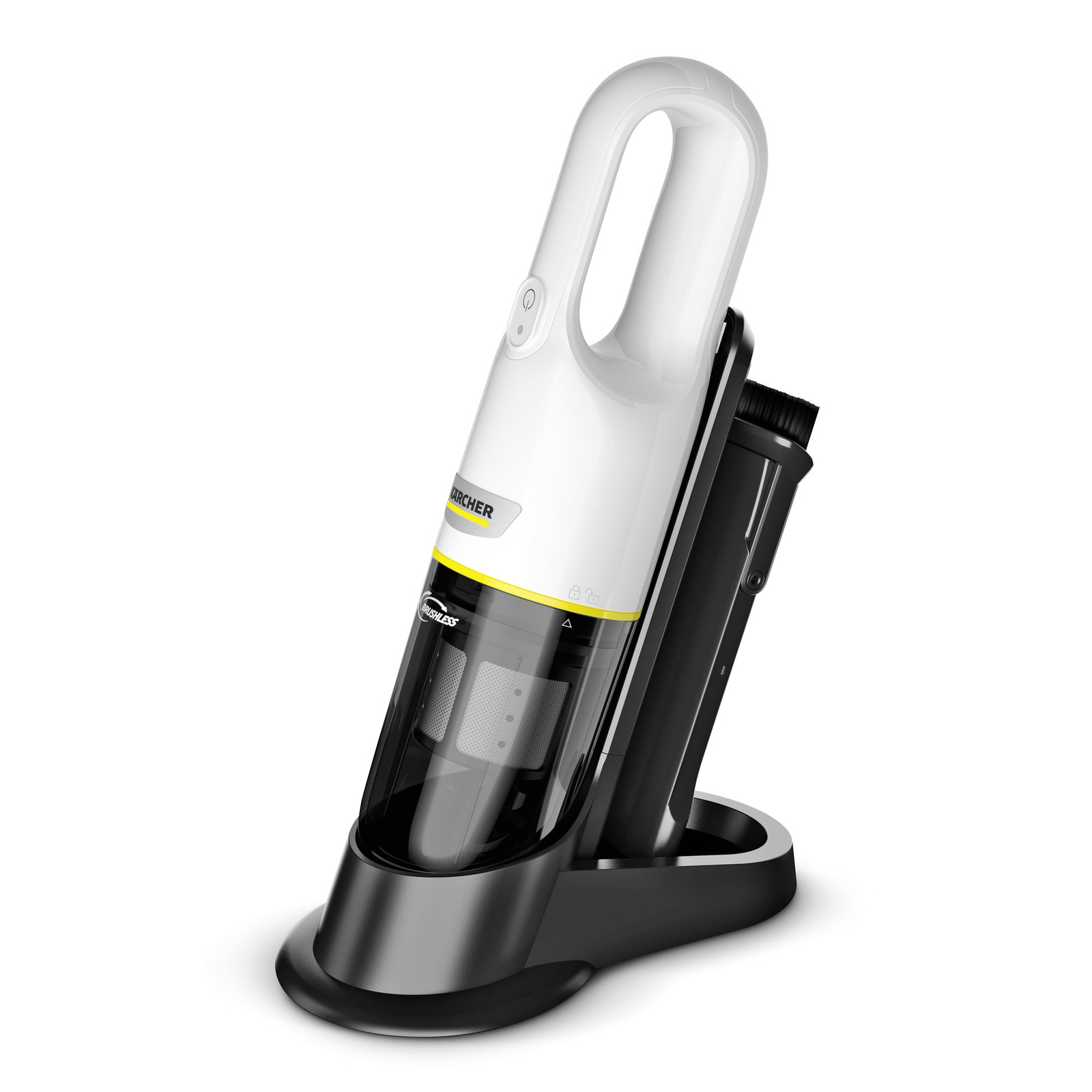 Kärcher handheld vacuum cleaner in white and black, resting on a charging stand.