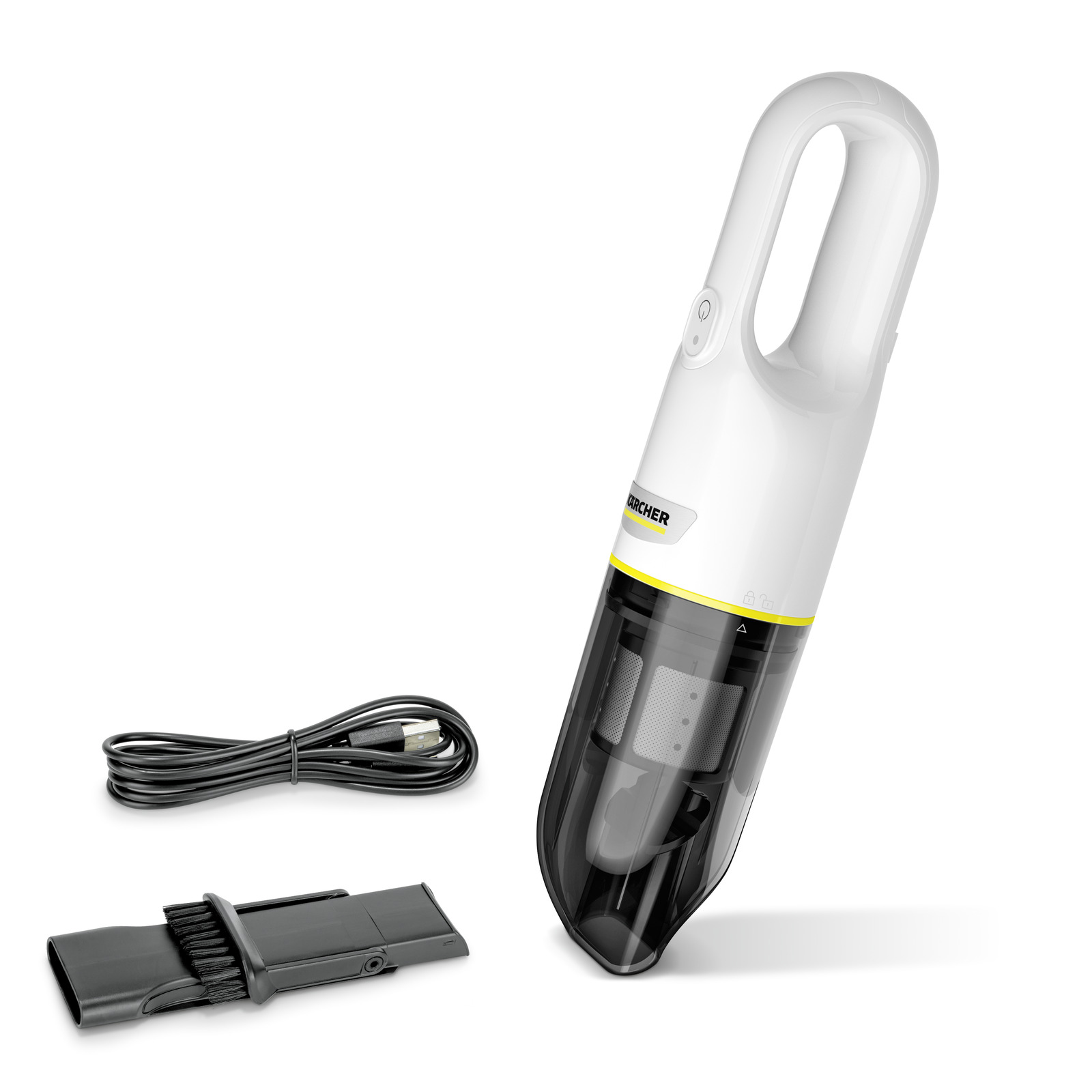 Aspirator portabil Kärcher cu accesorii: cablu USB și perie neagră. Design alb cu rezervor transparent.