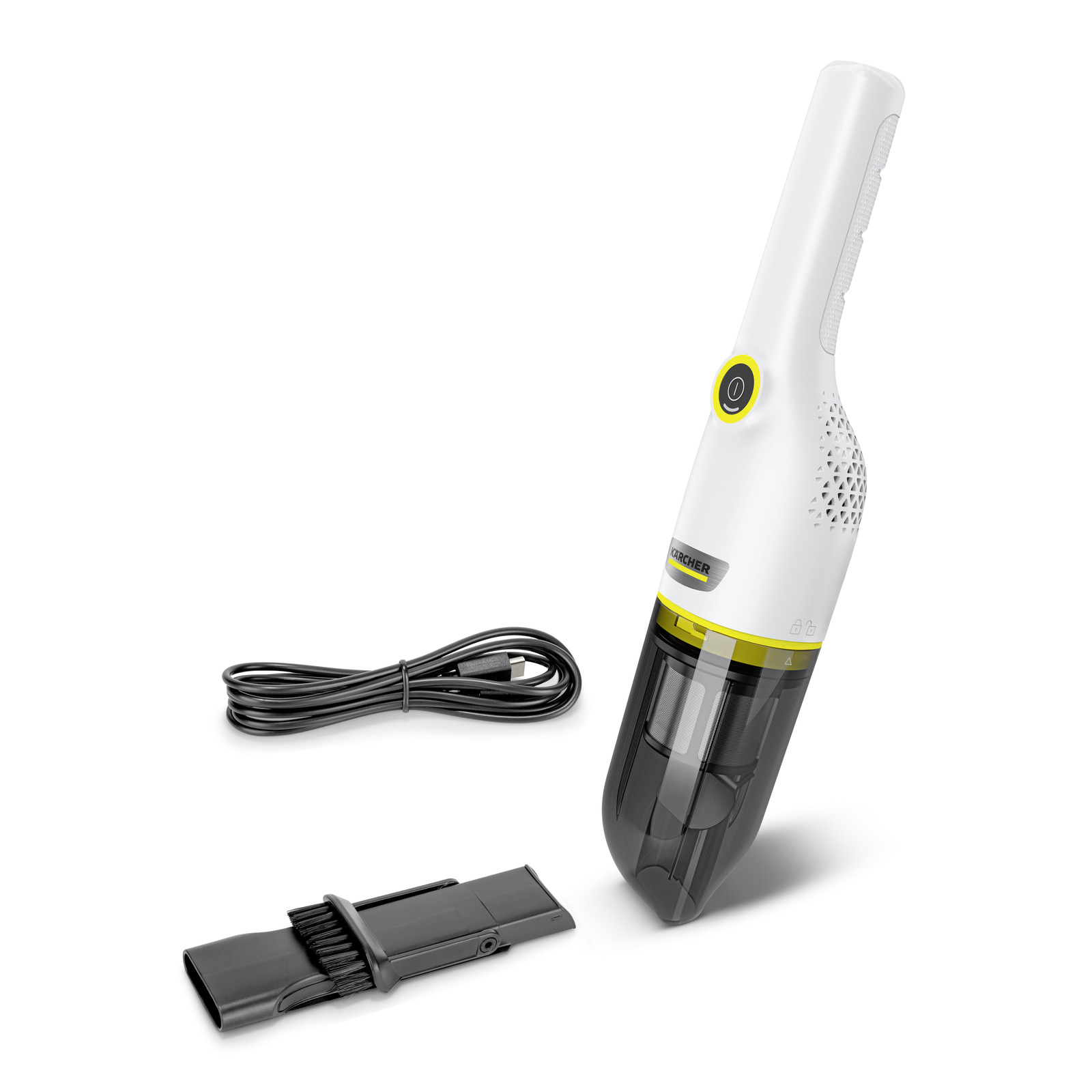 Kärcher handheld vacuum cleaner with detachable brush and charging cable on white background.