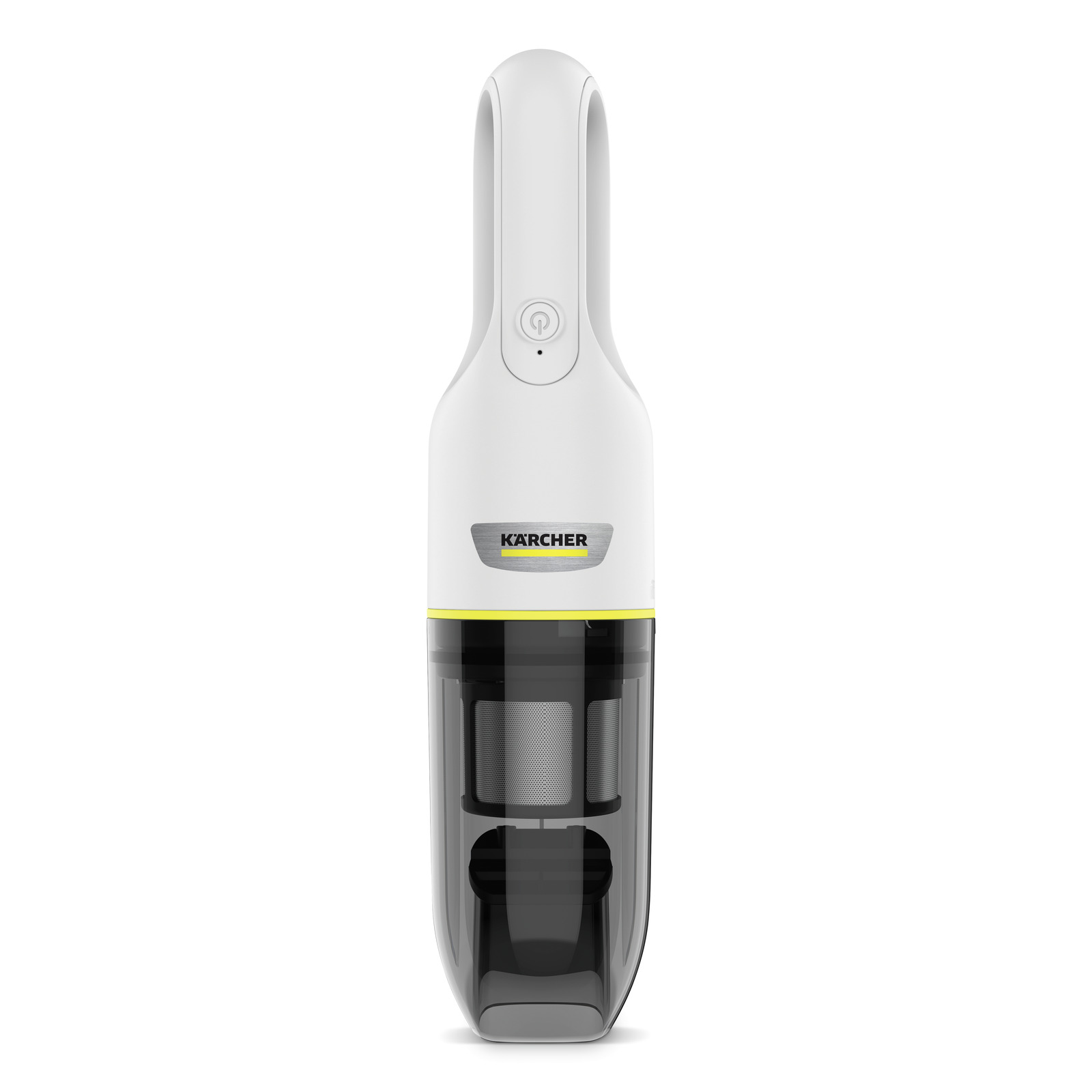 White Kärcher handheld vacuum cleaner with a transparent dust container, standing upright against a plain white background.