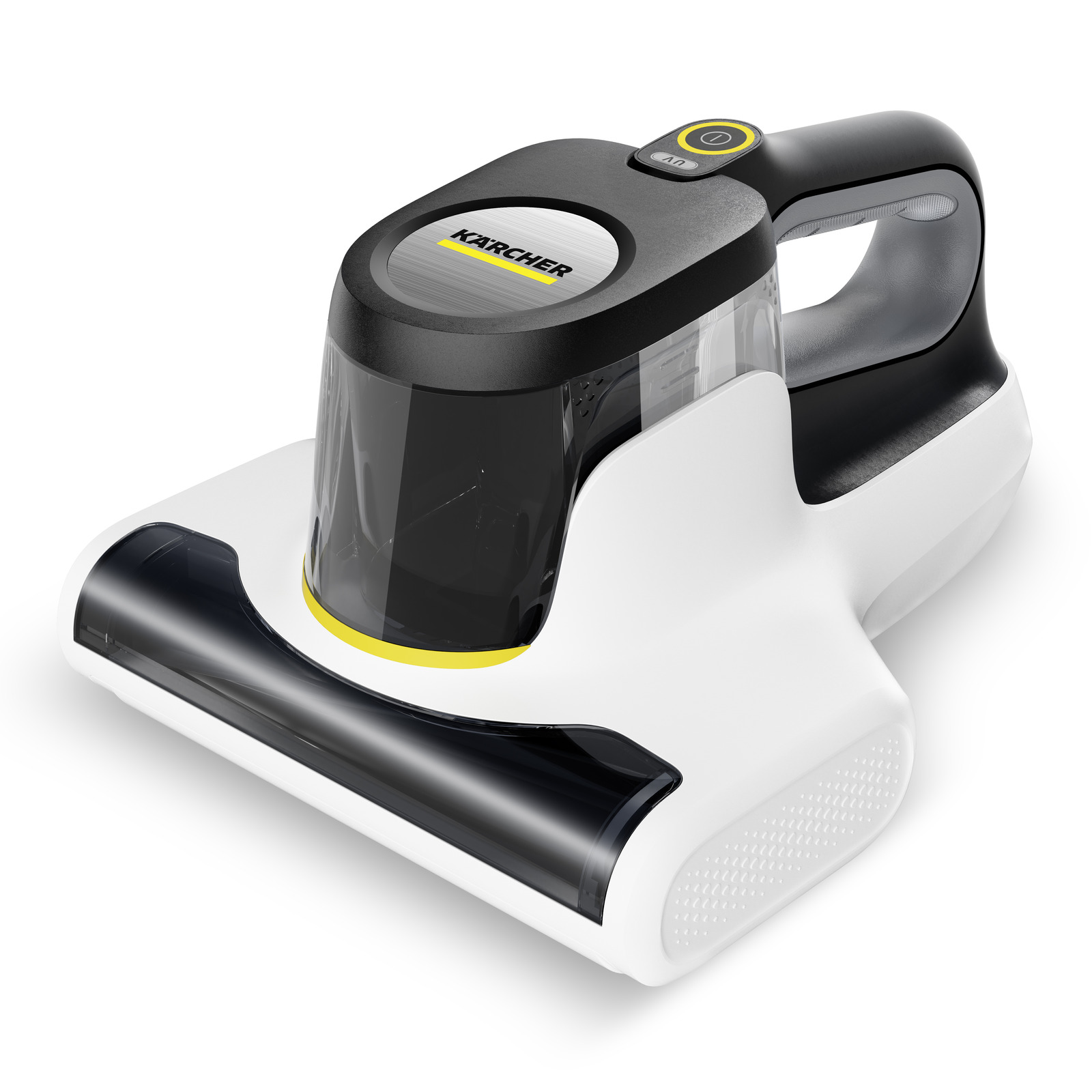 Aspirator Kärcher pentru saltele, alb și negru, cu mâner ergonomic și buton galben pe partea superioară.