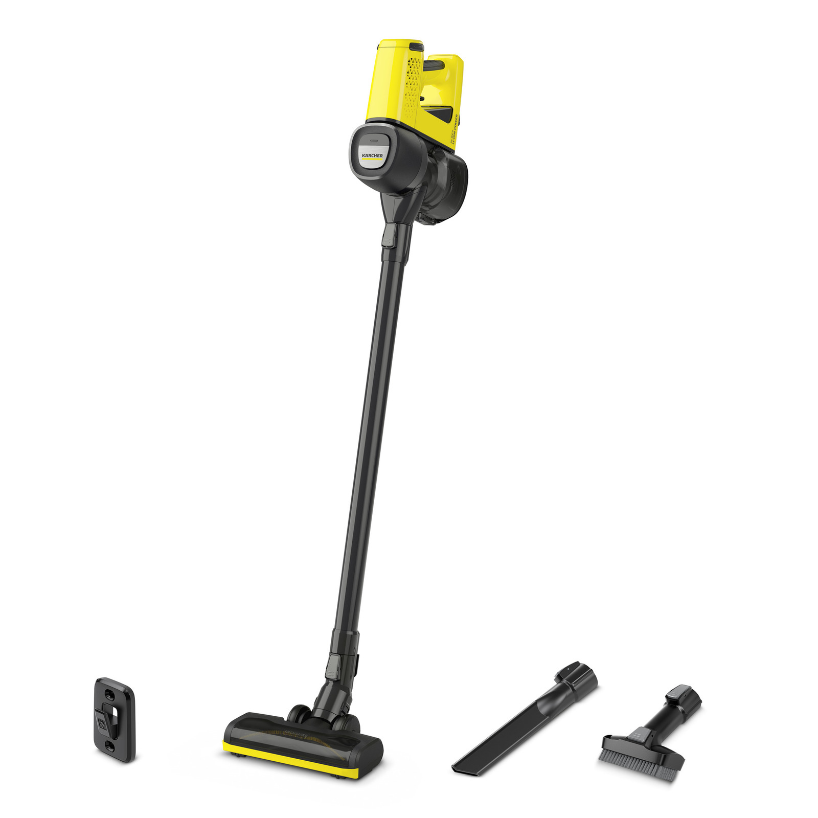 Aspirator vertical Kärcher cu accesorii, inclusiv perie și duză îngustă, pe fundal alb.
