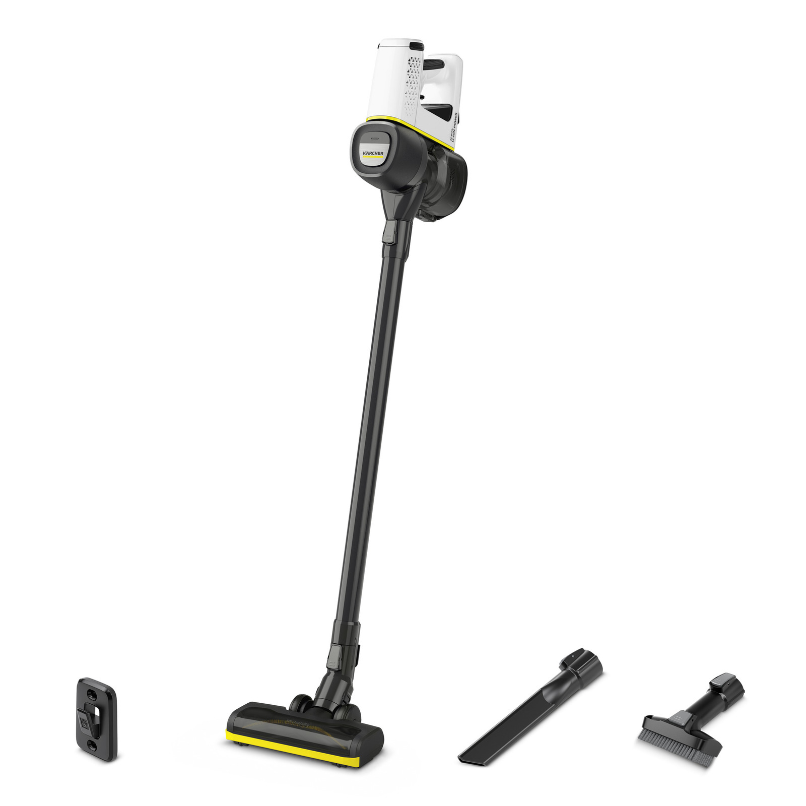 Aspirator vertical Kärcher cu accesorii, inclusiv duză îngustă și perie mică, pe fundal alb.