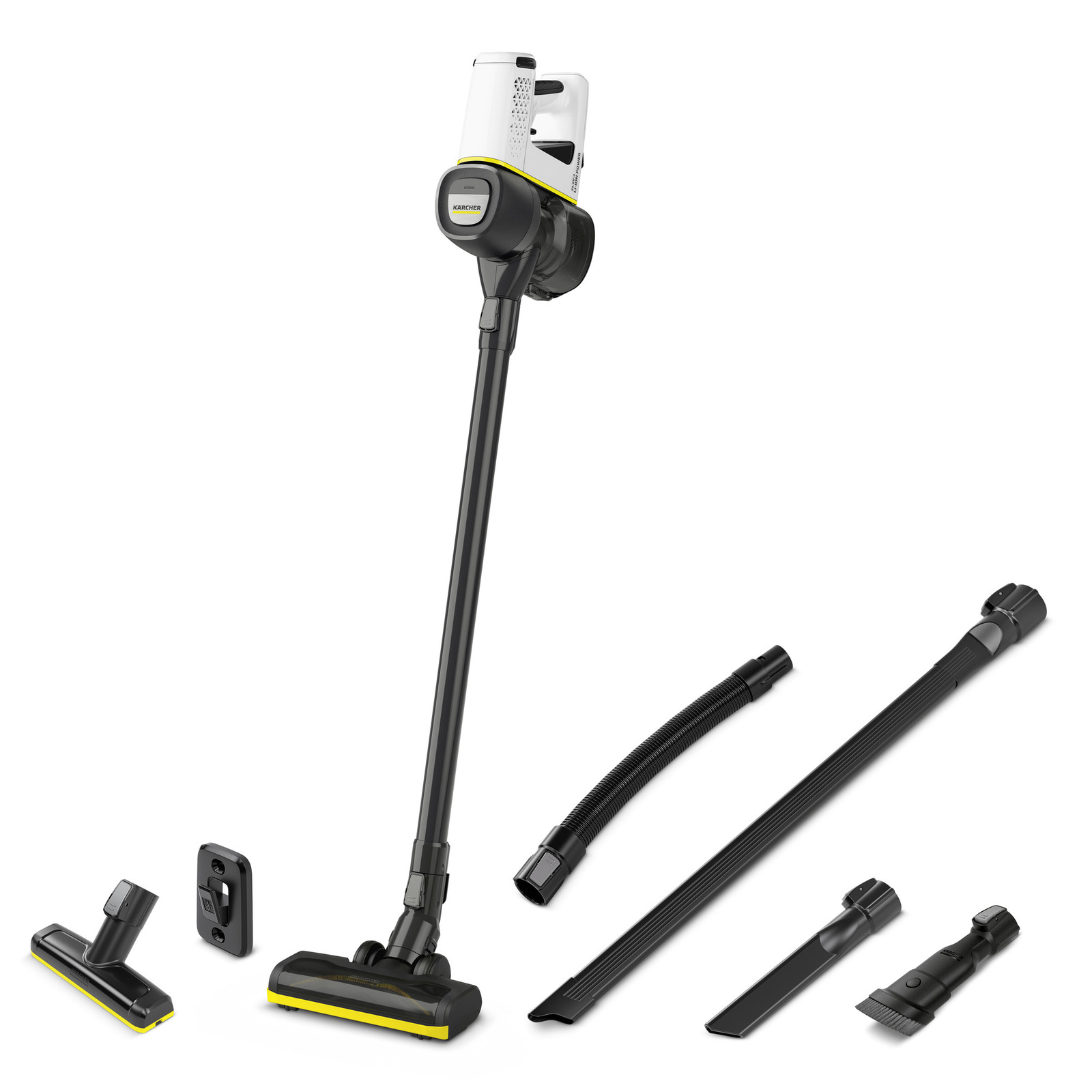 Aspirator vertical Kärcher cu accesorii diverse, inclusiv perie și duze, pe fundal alb.