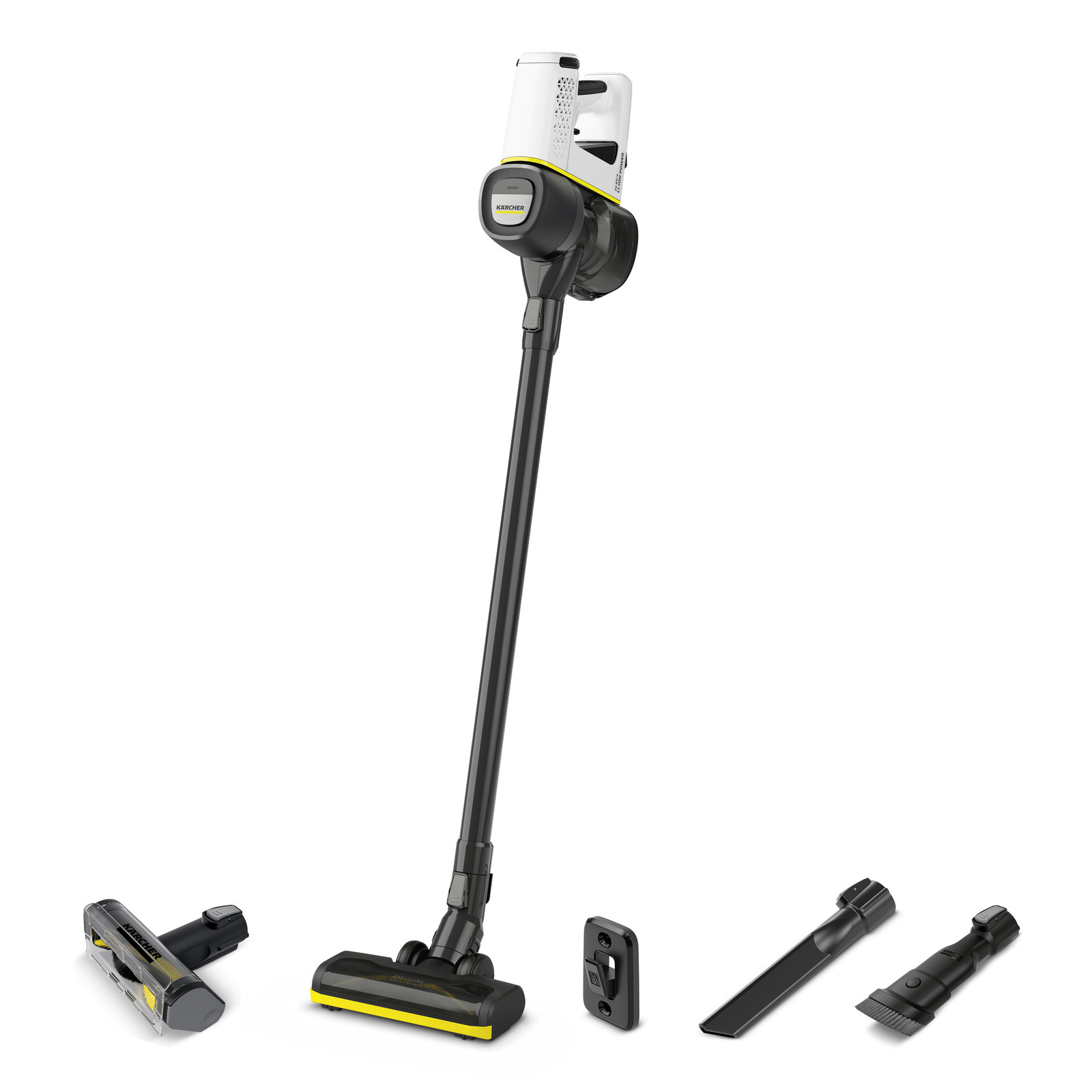 Aspirator vertical Kärcher cu accesorii: perie rotativă, duză pentru spații înguste și suport de montare.