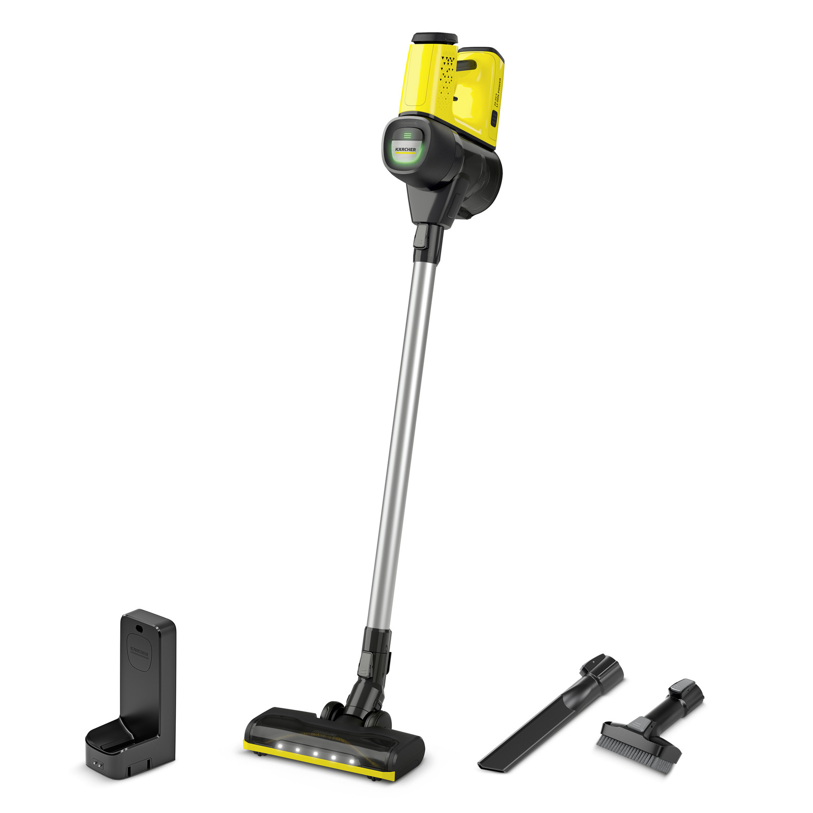 Aspirator vertical Kärcher cu accesorii și stație de încărcare, pe fundal alb.