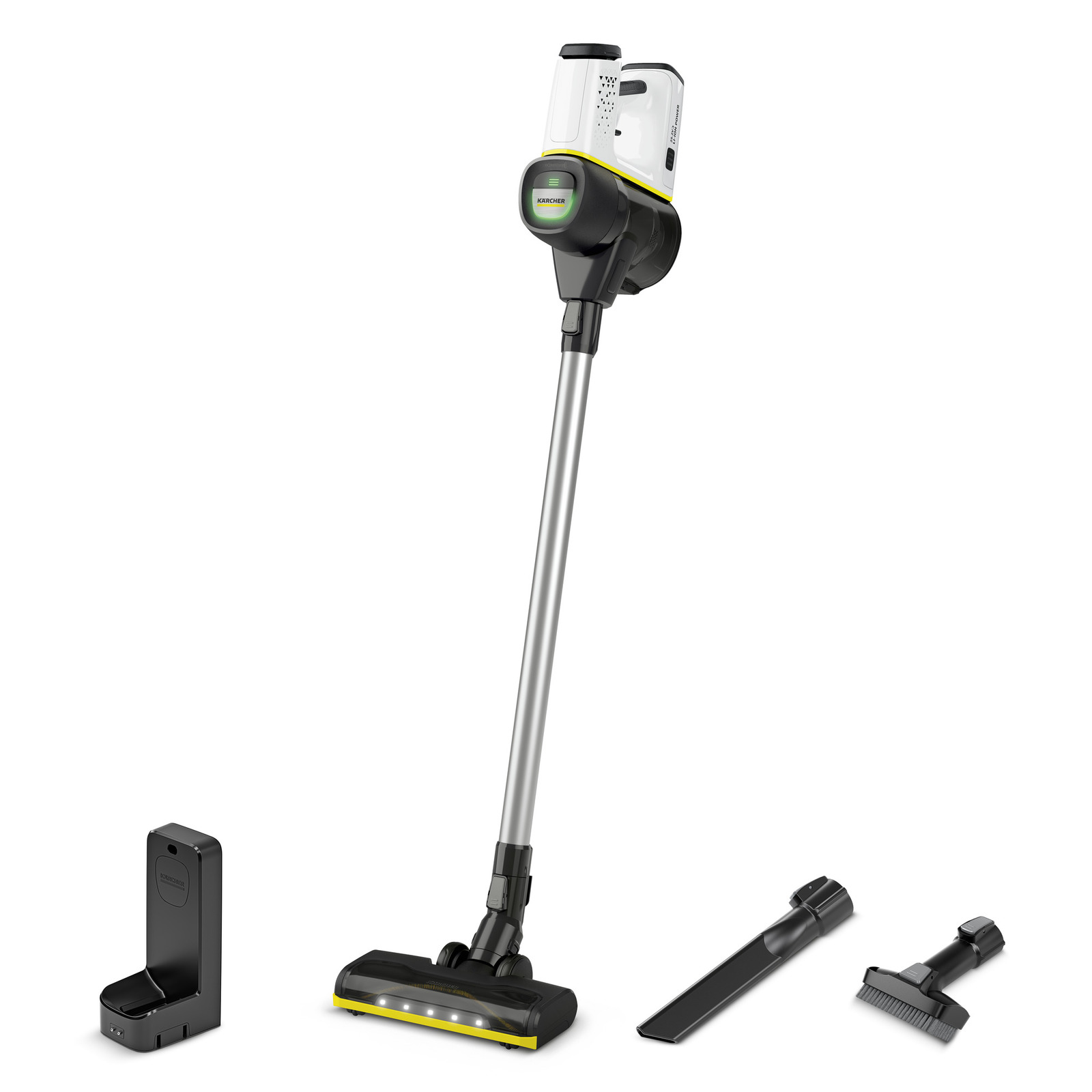 Aspirator vertical Kärcher cu accesorii, inclusiv o perie și un încărcător, pe fundal alb.