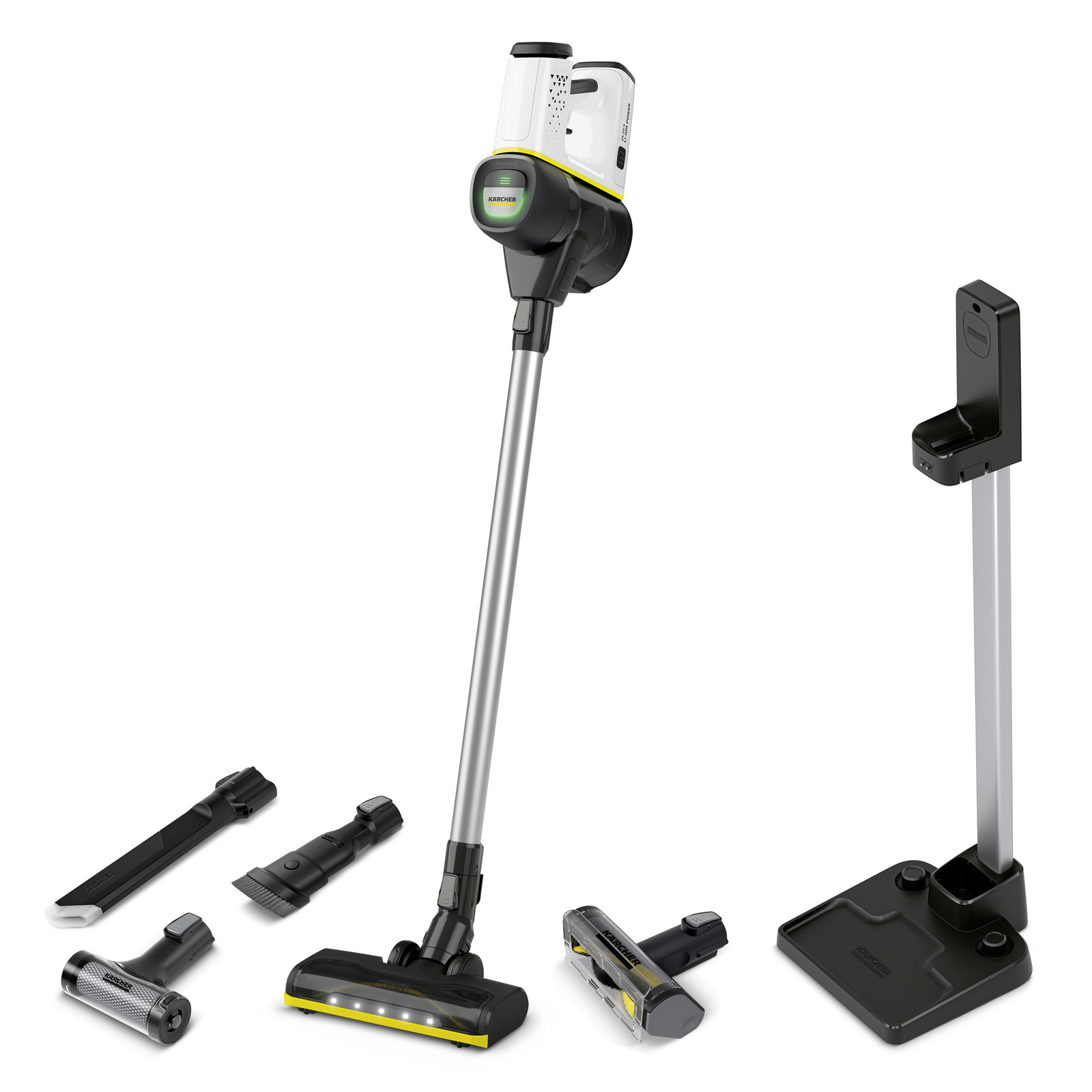 Kärcher cordless vacuum cleaner with various attachments and a charging stand on a white background. Kärcher cordless vacuum cleaner with various attachments and a charging stand on a white background.