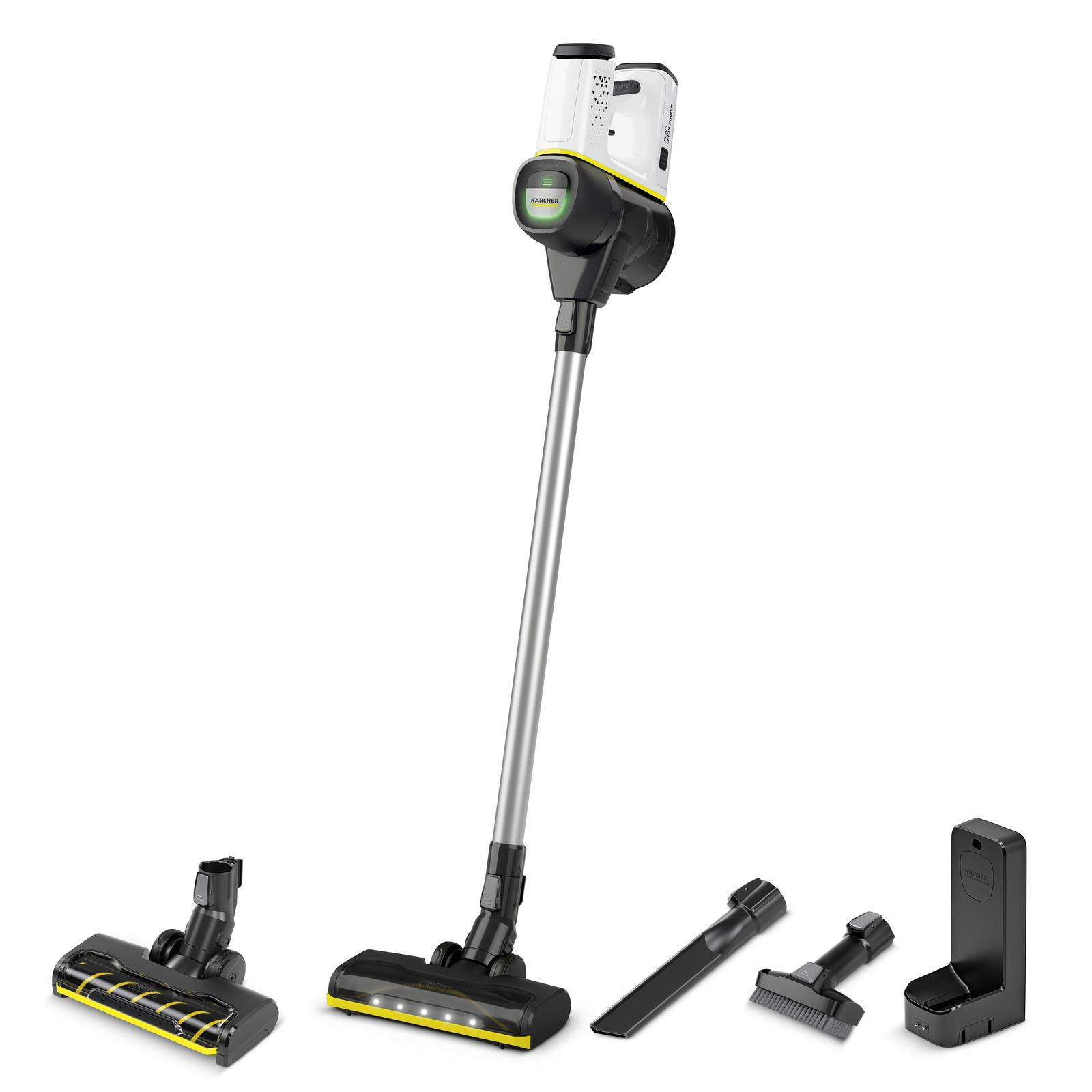 Aspirator vertical Kärcher cu accesorii: perie rotativă, duză pentru colțuri, perie mică și stație de încărcare.
