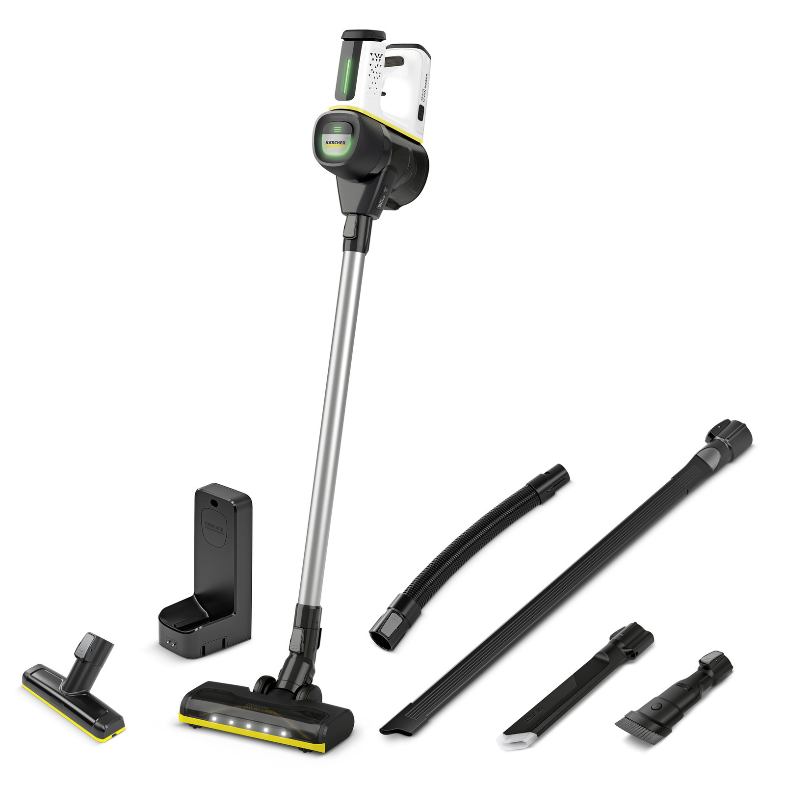 Kärcher cordless vacuum cleaner with attachments including a charging dock, hose, crevice tool, and brush accessory. Kärcher cordless vacuum cleaner with attachments including a charging dock, hose, crevice tool, and brush accessory.