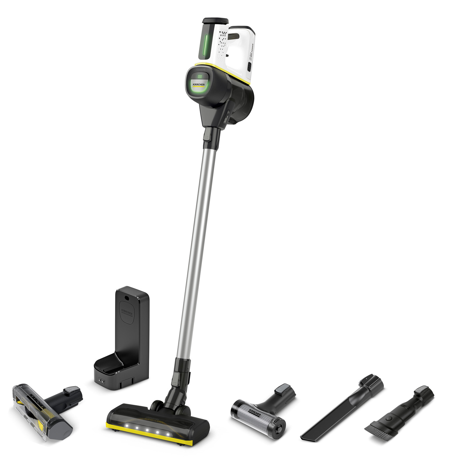 Kärcher cordless vacuum cleaner with various attachments and charging dock on a white background.