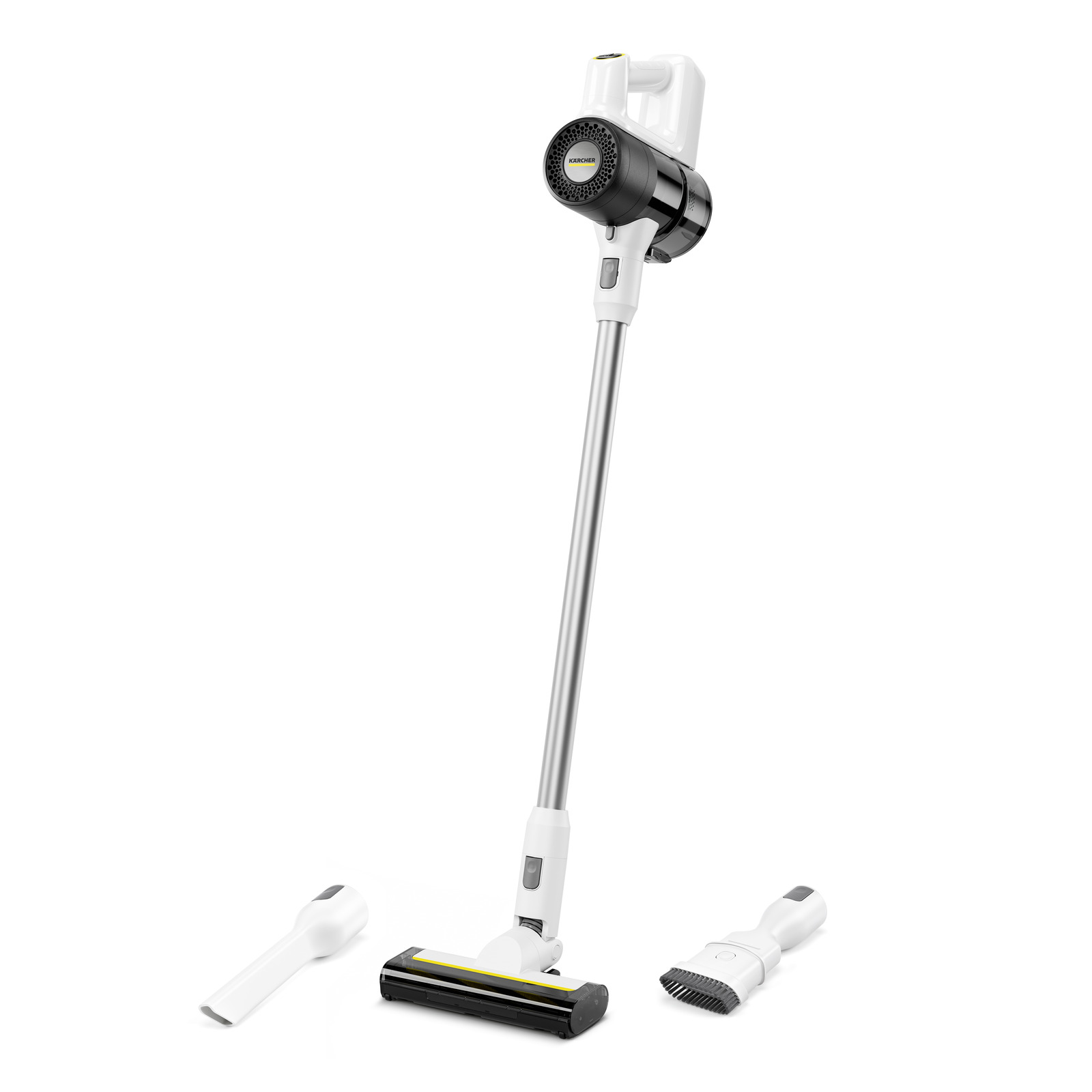 Kärcher cordless vacuum cleaner with two attachments on a white background. Kärcher cordless vacuum cleaner with two attachments on a white background.