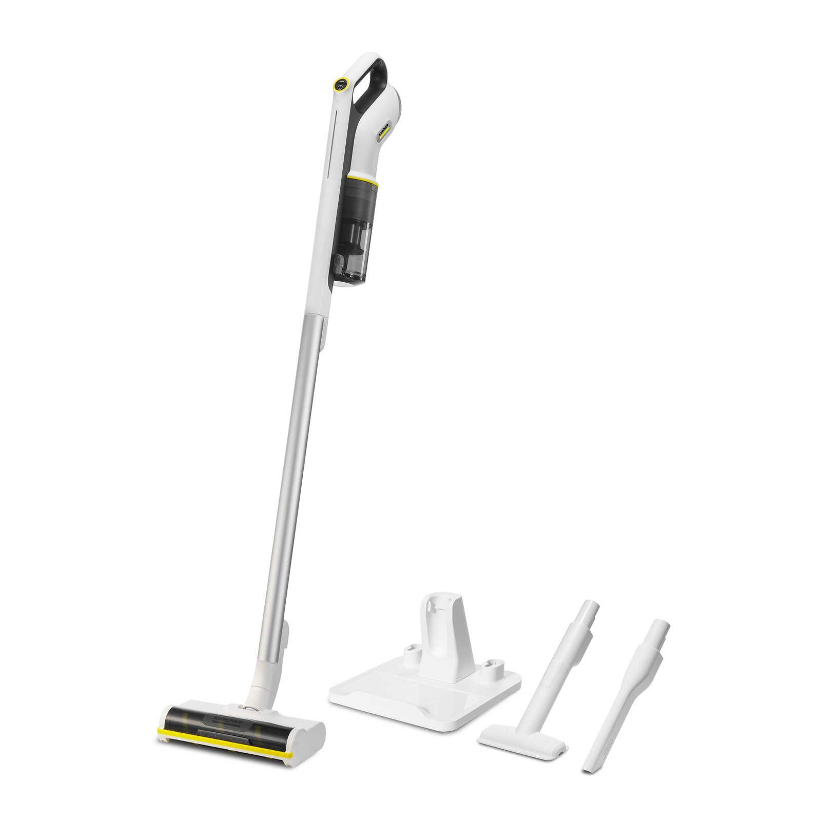 Kärcher cordless vacuum cleaner with charging dock and two nozzle attachments on a white background.