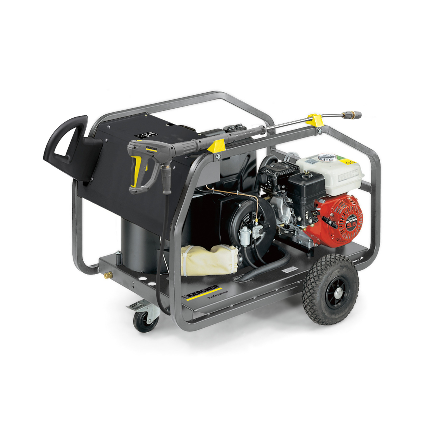 Kärcher high-pressure cleaner with a Honda engine, mounted on a wheeled frame, featuring a hose reel and spray gun.