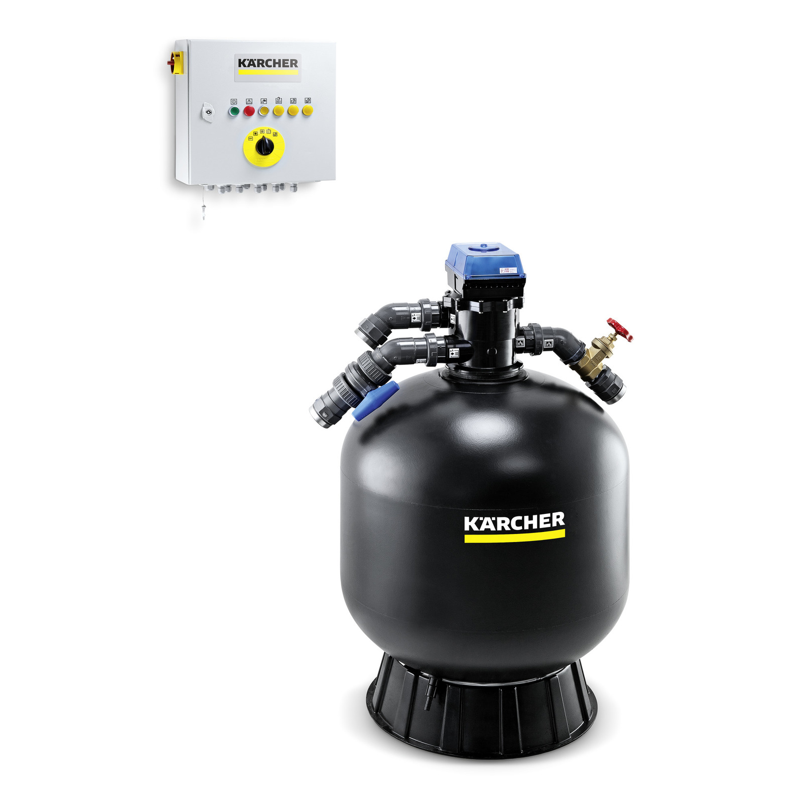 Kärcher water filter system with control panel, featuring a large black cylindrical tank with connected pipes and valves. Kärcher water filter system with control panel, featuring a large black cylindrical tank with connected pipes and valves.