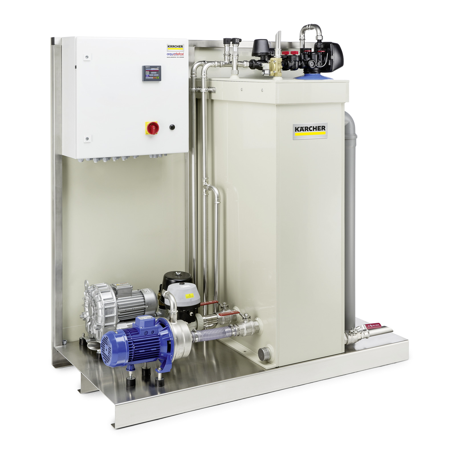 Kärcher Wasseraufbereitungssystem mit Pumpen und Steuerungseinheit, in einem industriellen Innenraum platziert.