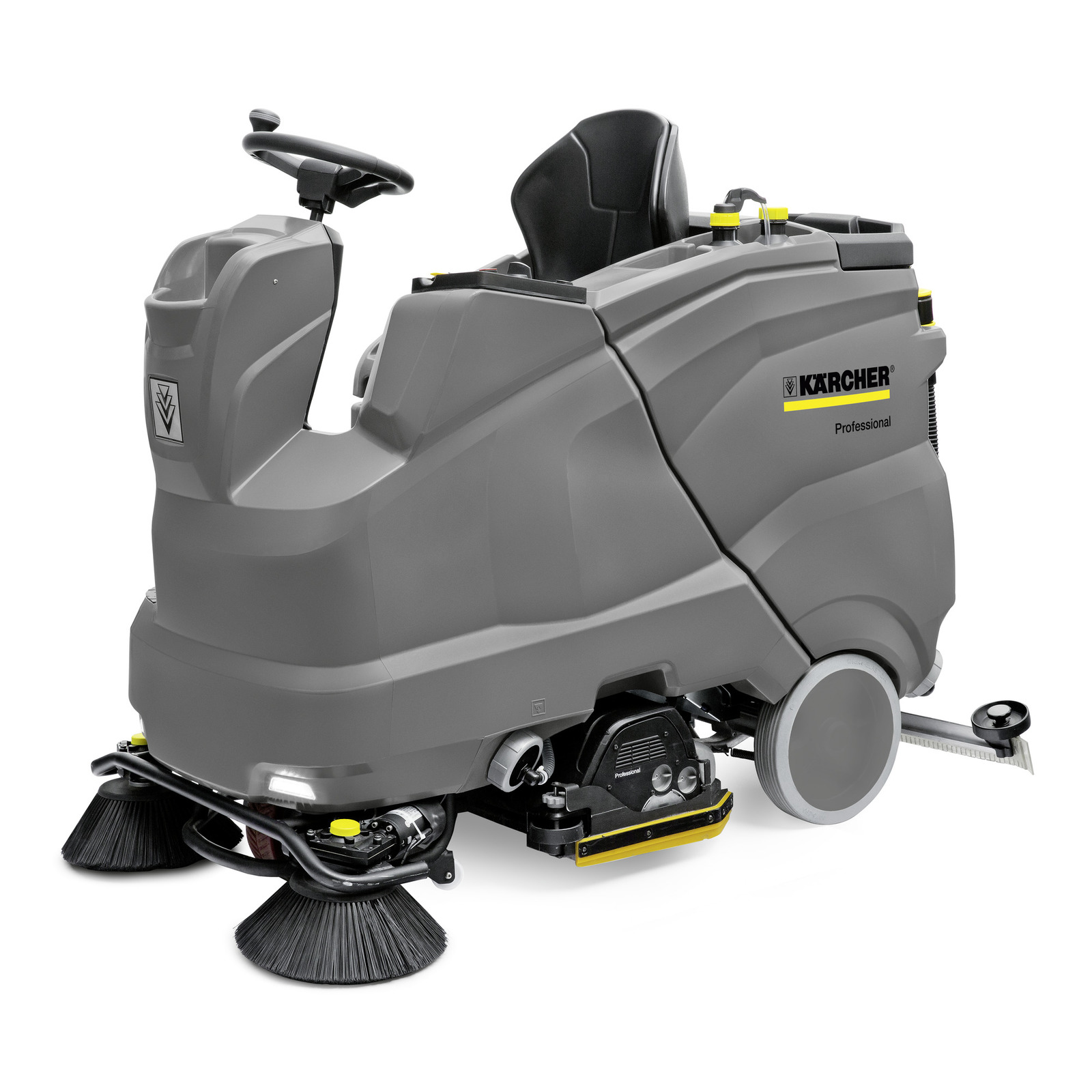 Grey Kärcher ride-on floor scrubber with brushes, steering wheel, and seat, designed for professional cleaning tasks. Grey Kärcher ride-on floor scrubber with brushes, steering wheel, and seat, designed for professional cleaning tasks.