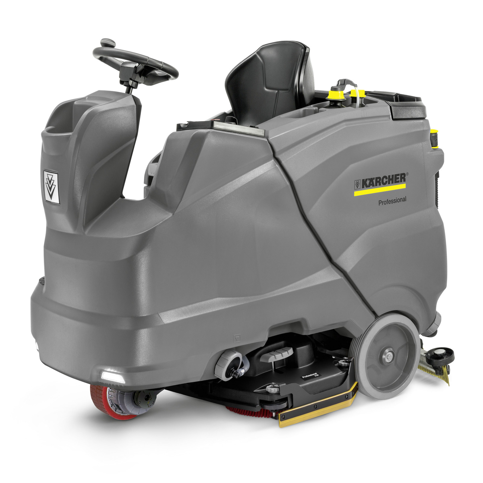 Grey Kärcher ride-on floor scrubber with steering wheel and seat, featuring visible brushes and wheels. Grey Kärcher ride-on floor scrubber with steering wheel and seat, featuring visible brushes and wheels.