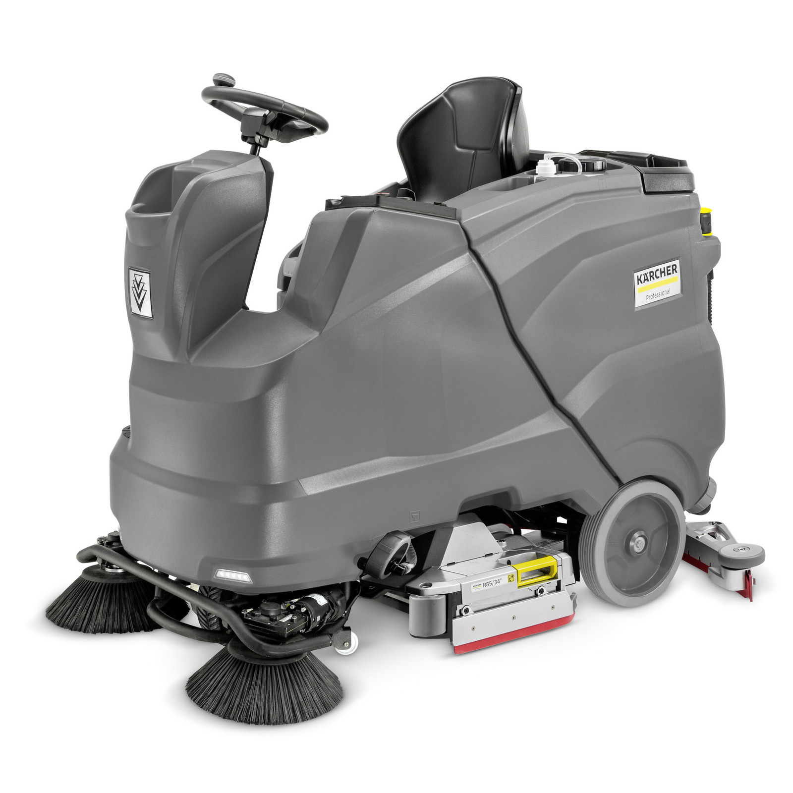 Kärcher ride-on floor scrubber with dual brushes, grey body, and steering wheel, designed for indoor cleaning.
