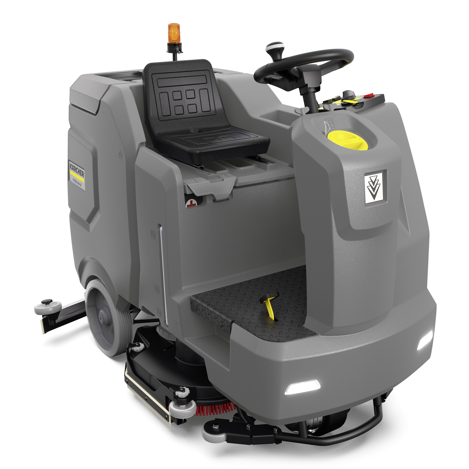 Kärcher ride-on floor scrubber with steering wheel, seat, and control panel, featuring brushes and wheels for cleaning.