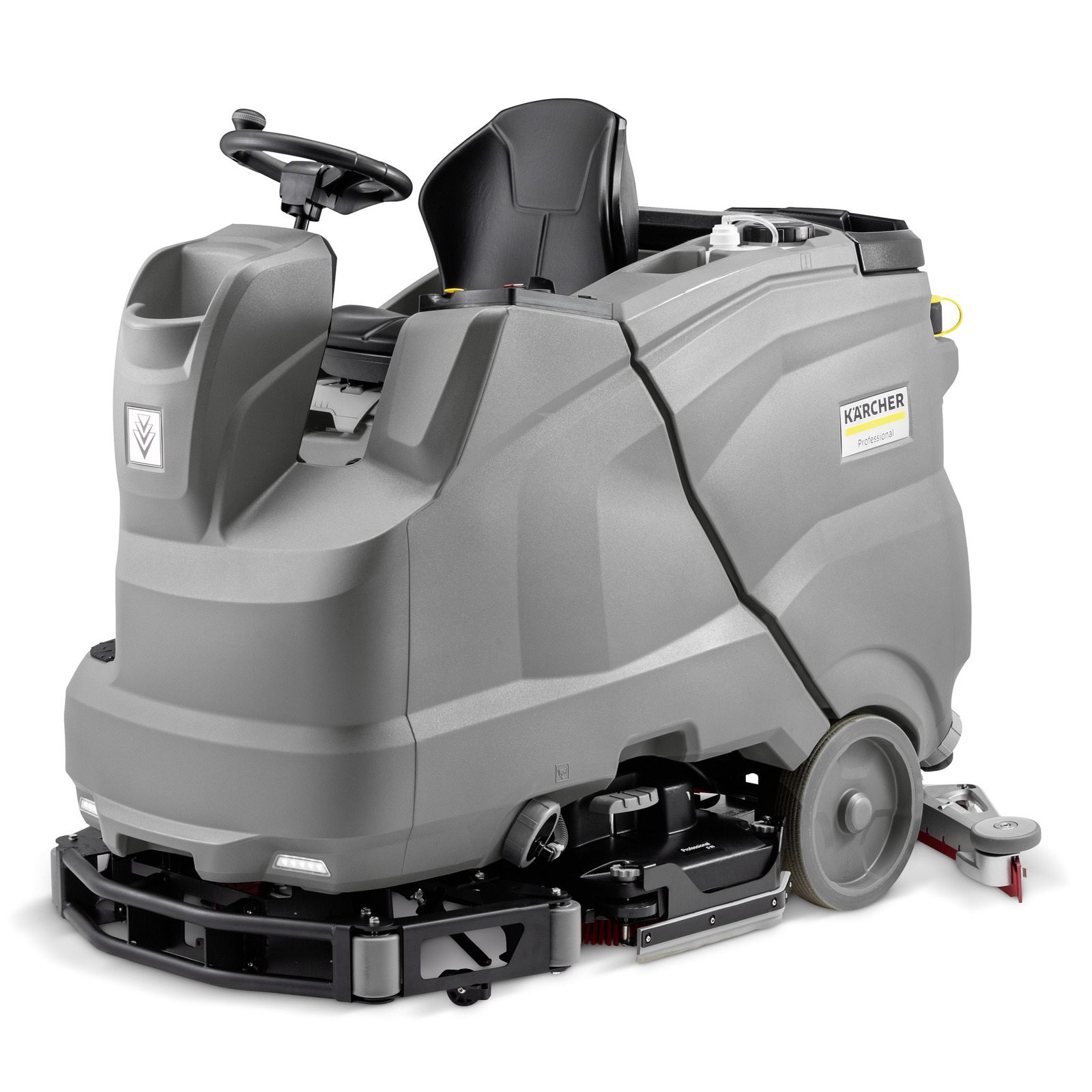 Kärcher ride-on floor scrubber with grey body, steering wheel, and black seat, designed for indoor cleaning tasks.