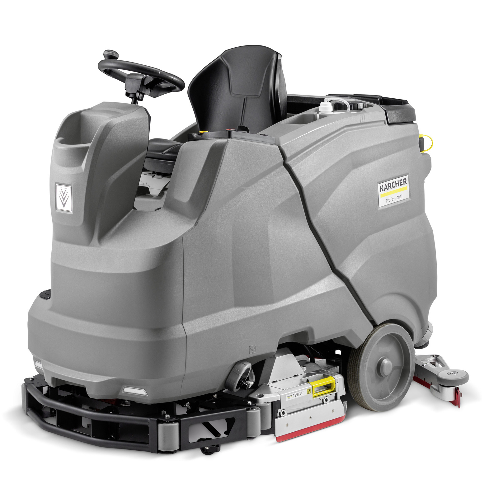 Grey Kärcher ride-on floor scrubber with steering wheel and seat, designed for commercial cleaning.
