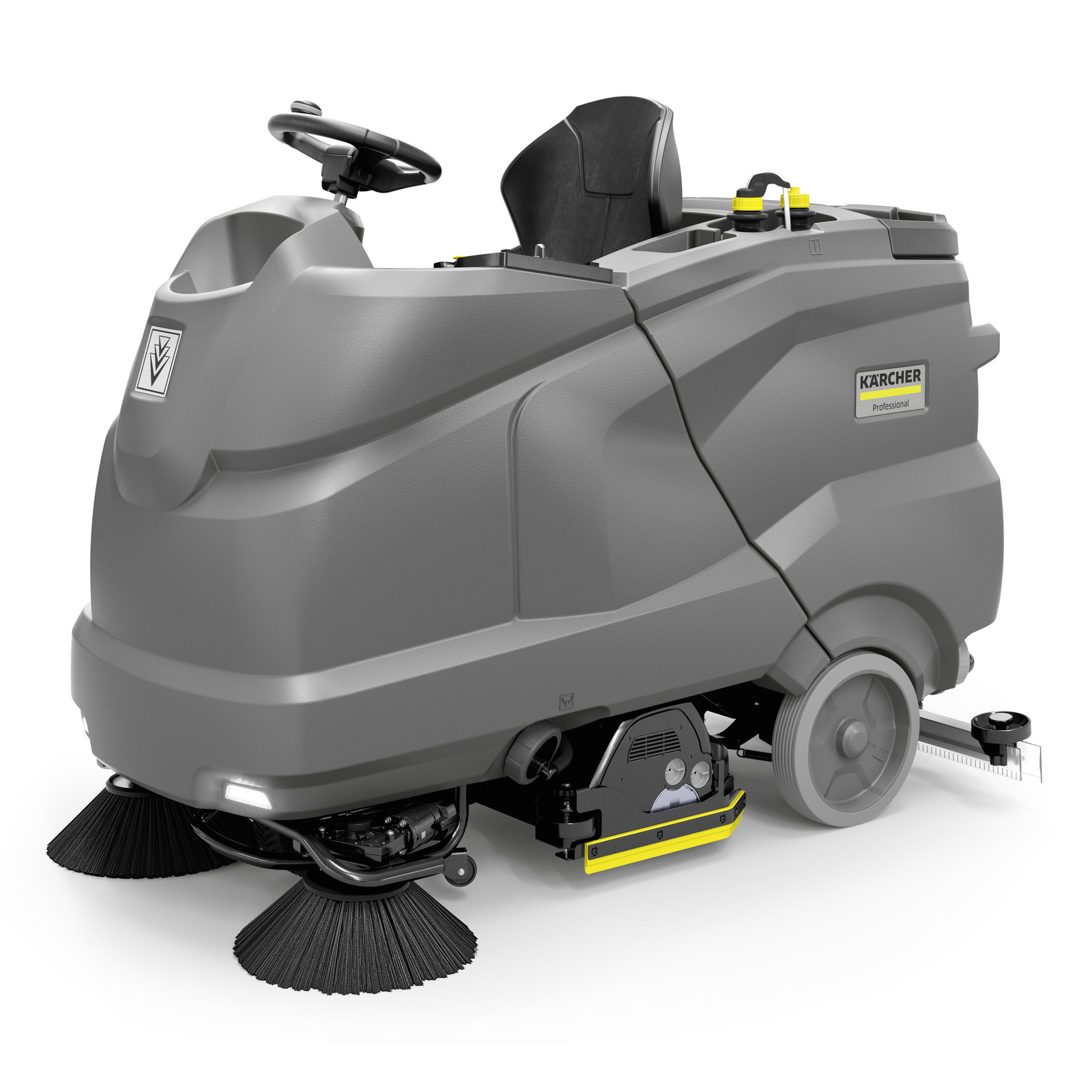 Grey Kärcher ride-on floor sweeper with brushes and steering wheel, designed for professional cleaning tasks.