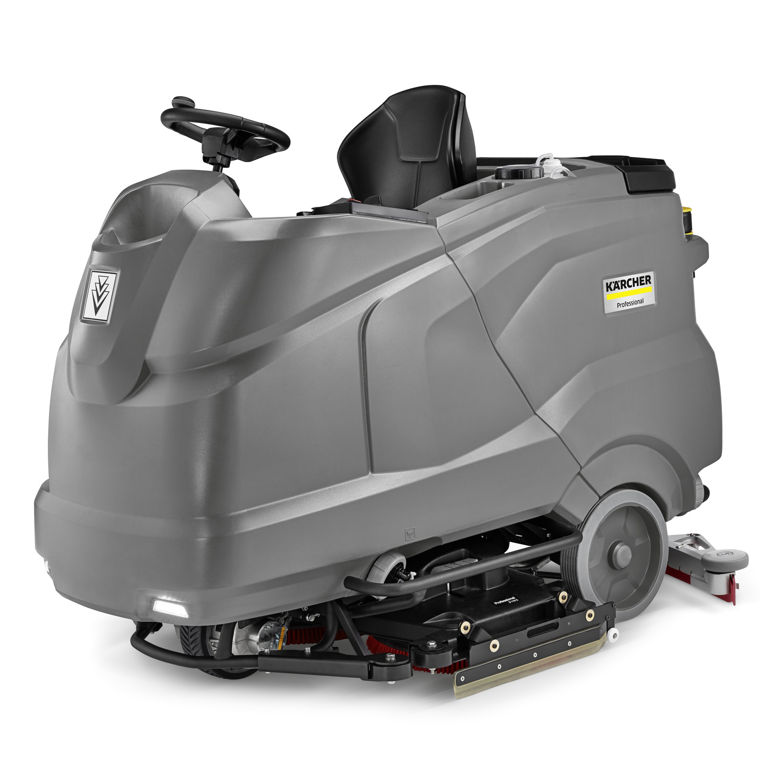 Grey Kärcher ride-on floor scrubber with steering wheel and seat, featuring brushes and cleaning components underneath.