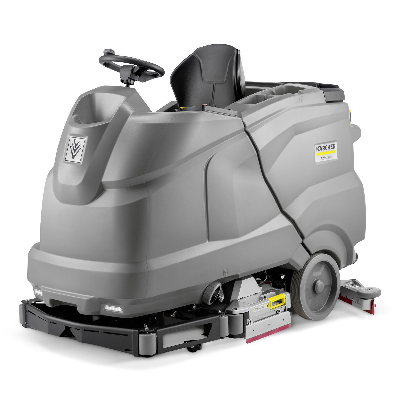 Grey Kärcher ride-on floor scrubber with steering wheel and seat, featuring large wheels and cleaning brushes underneath.