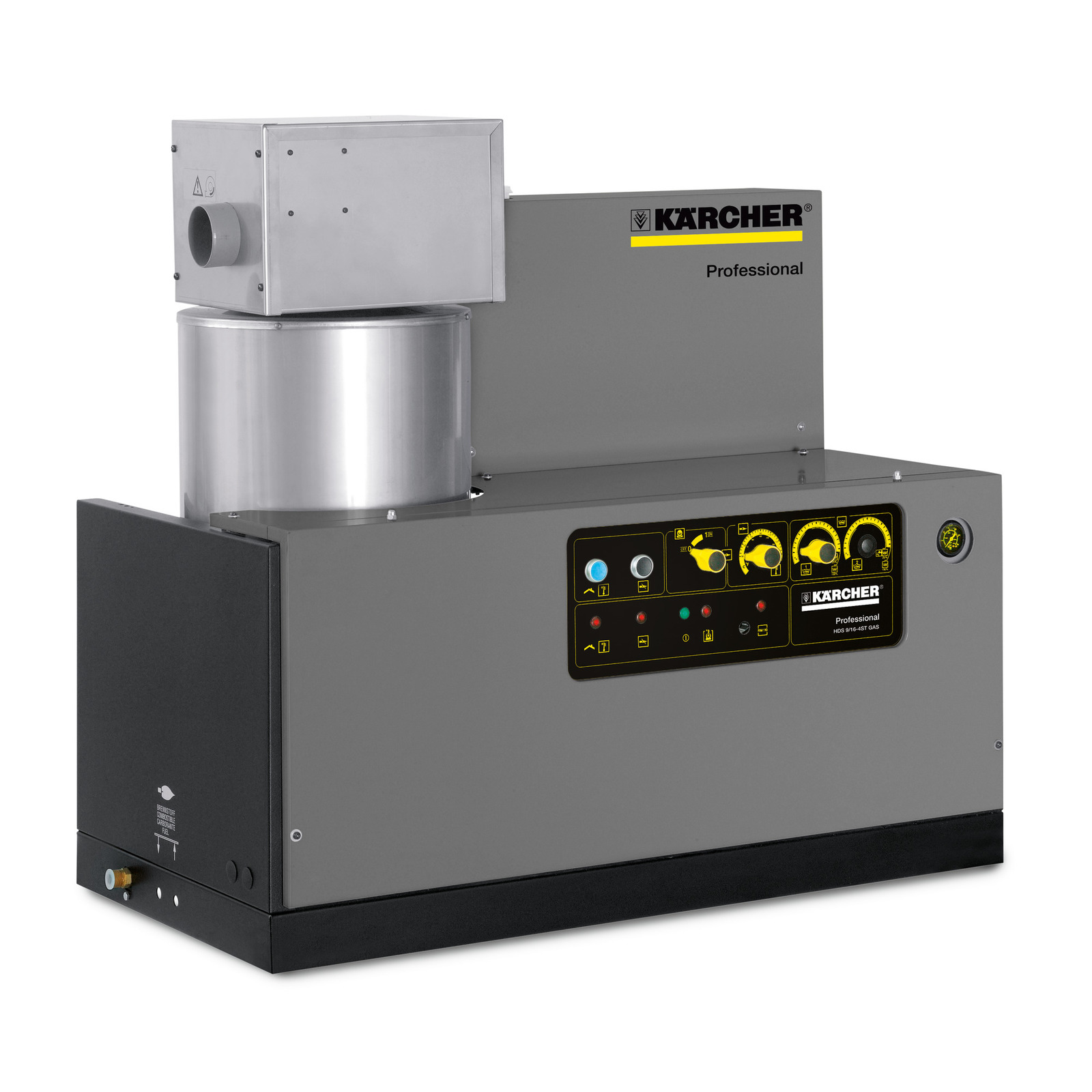 Kärcher professional grey cleaning machine with control panel, cylindrical component, and exhaust vent on top. Kärcher professional grey cleaning machine with control panel, cylindrical component, and exhaust vent on top.