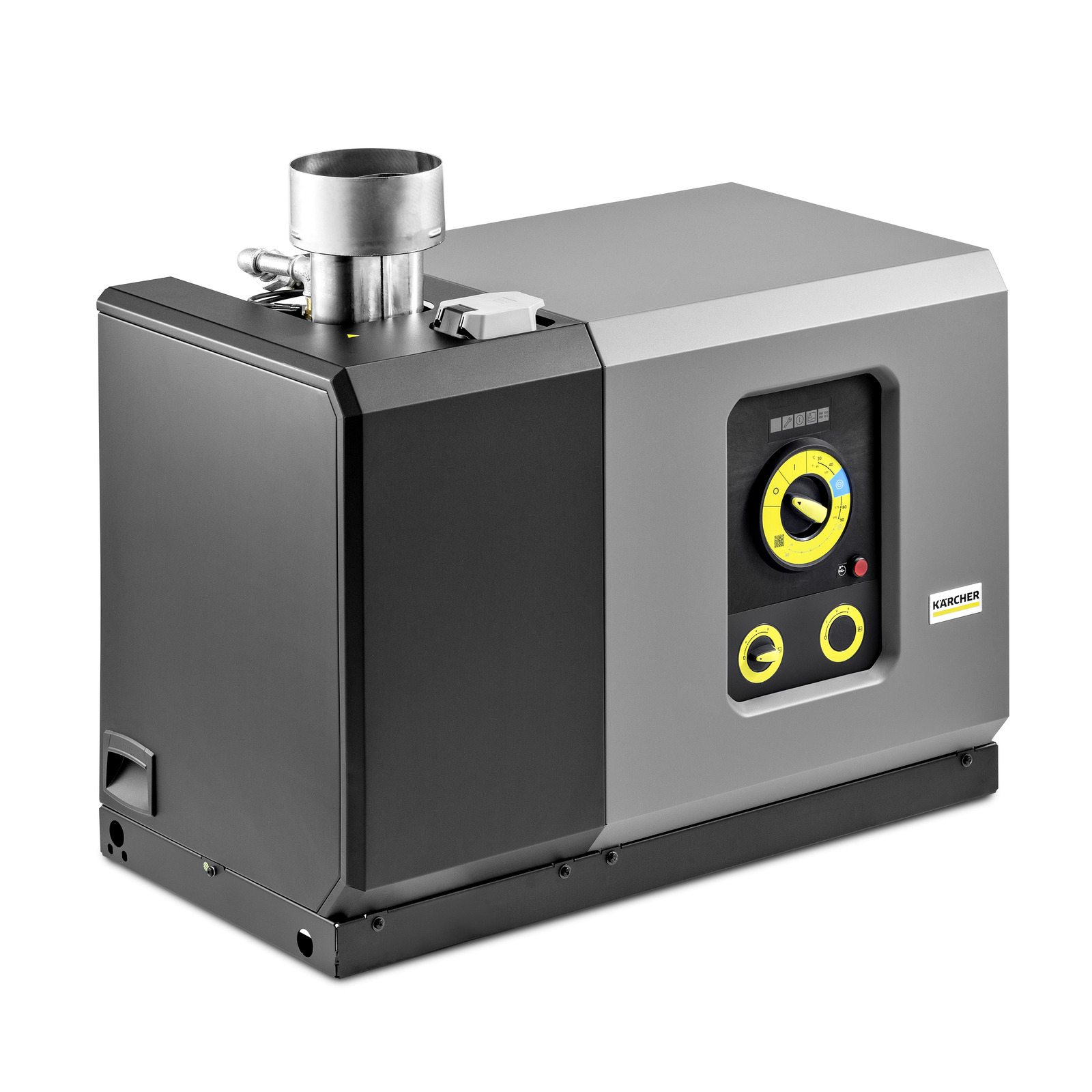 Kärcher industrial boiler with a grey and black exterior, featuring control dials and a metal exhaust pipe on top. Kärcher industrial boiler with a grey and black exterior, featuring control dials and a metal exhaust pipe on top.