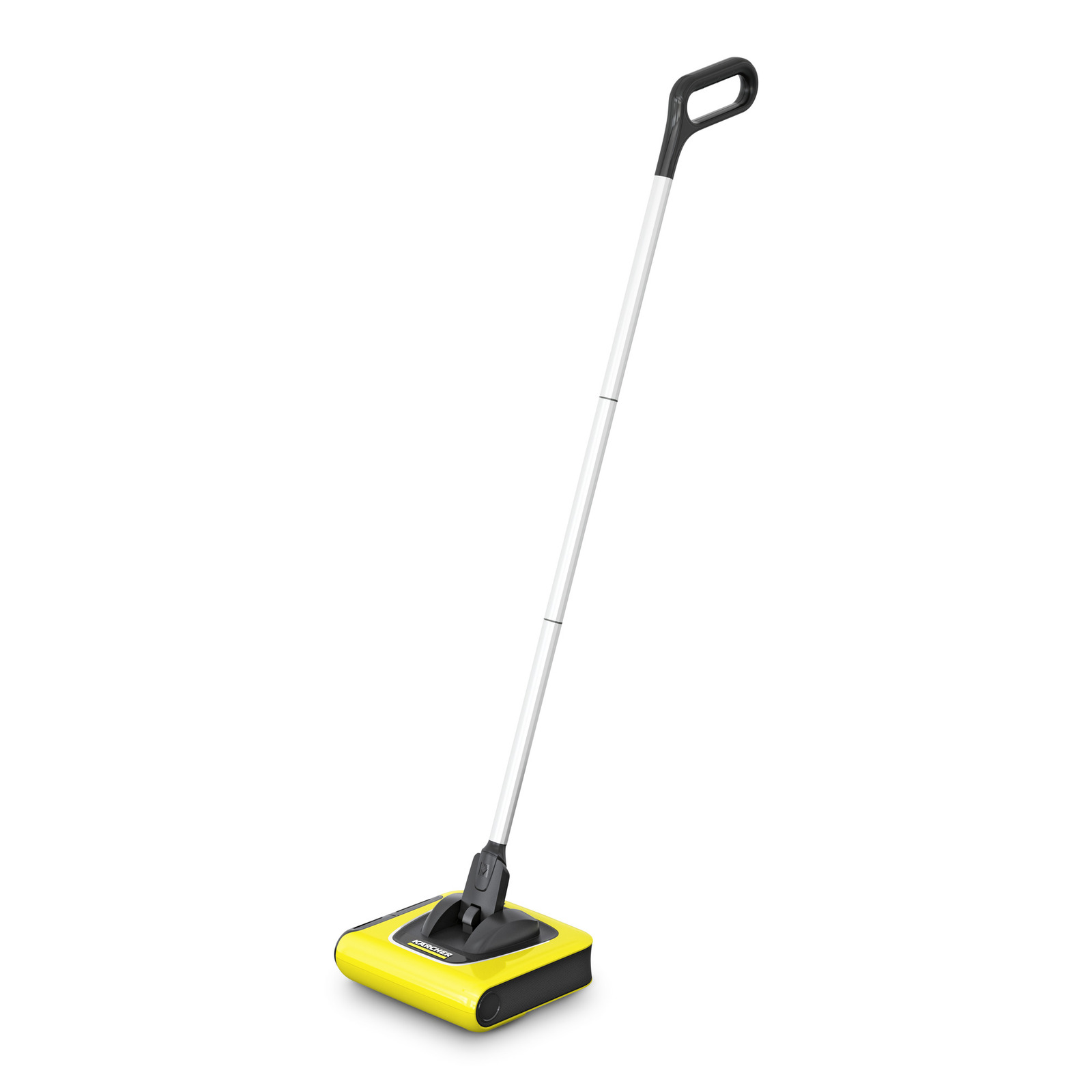 Kärcher cordless electric broom with a yellow base and a long white handle, featuring a black grip.