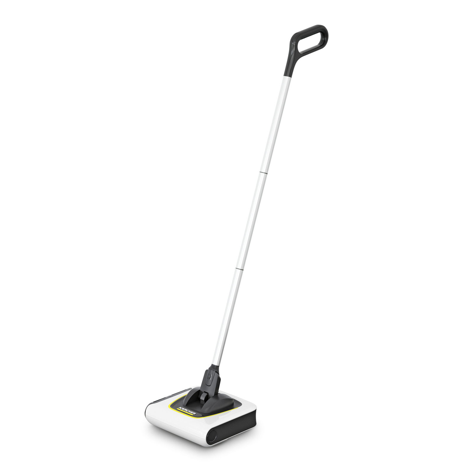 Mătură electrică Kärcher cu mâner lung, alb și negru, pe fundal alb.