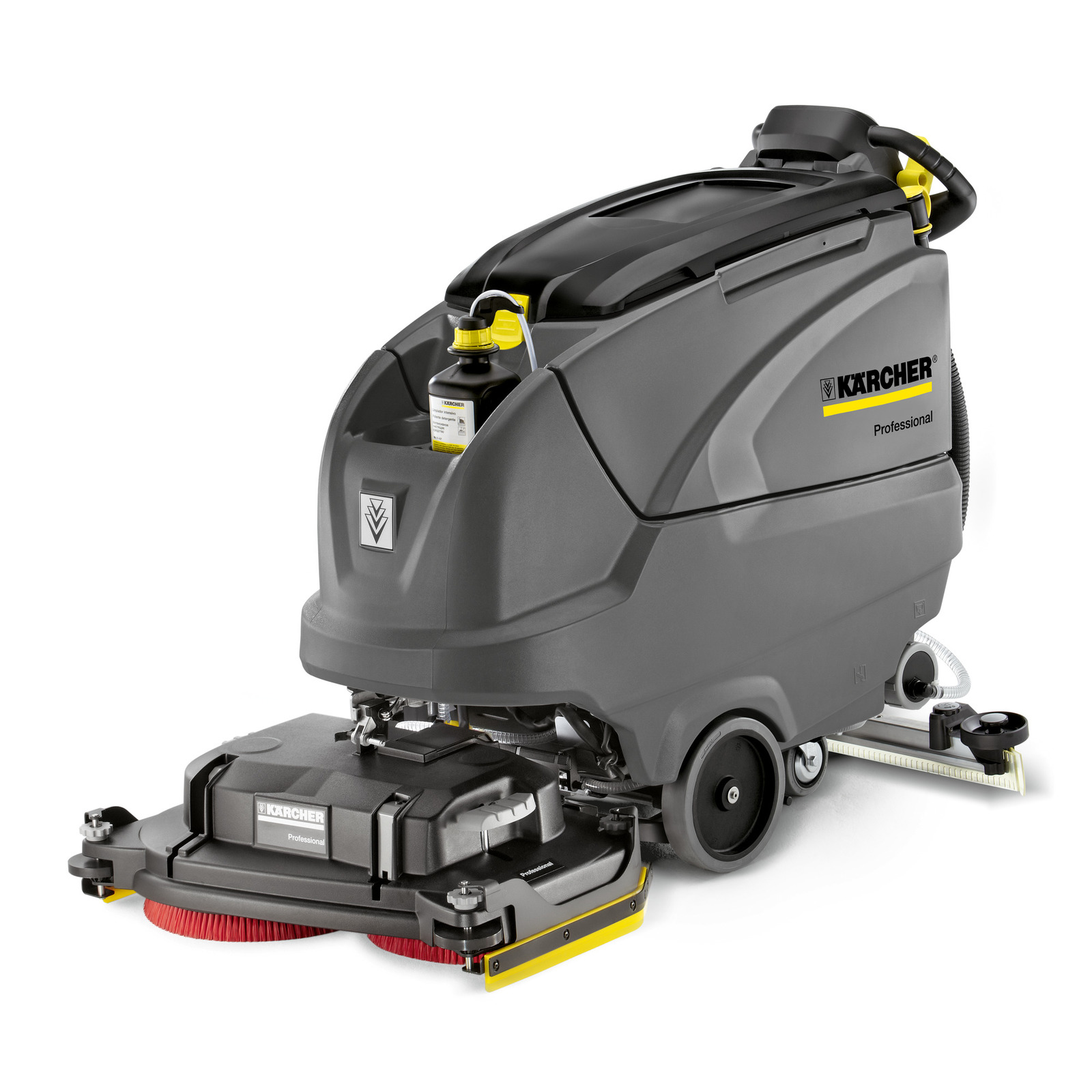 Aspirator Kärcher profesional, gri, cu perii rotative roșii și rezervor pentru soluție de curățare.